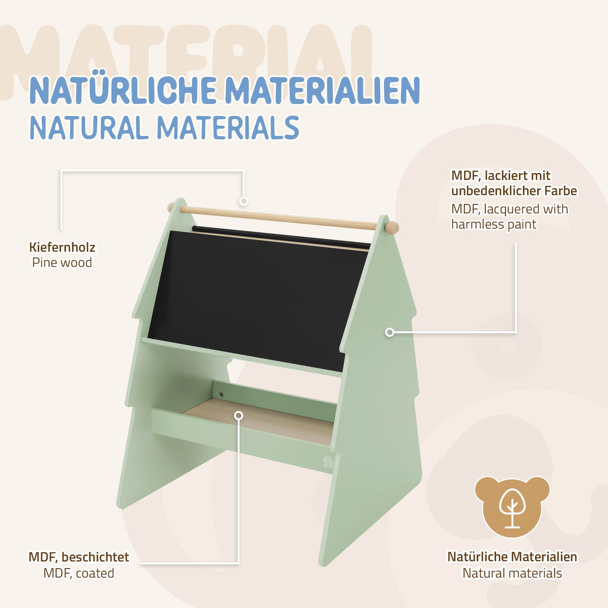 Zöld MDF játékpolc krétatáblával és természetes anyagból.