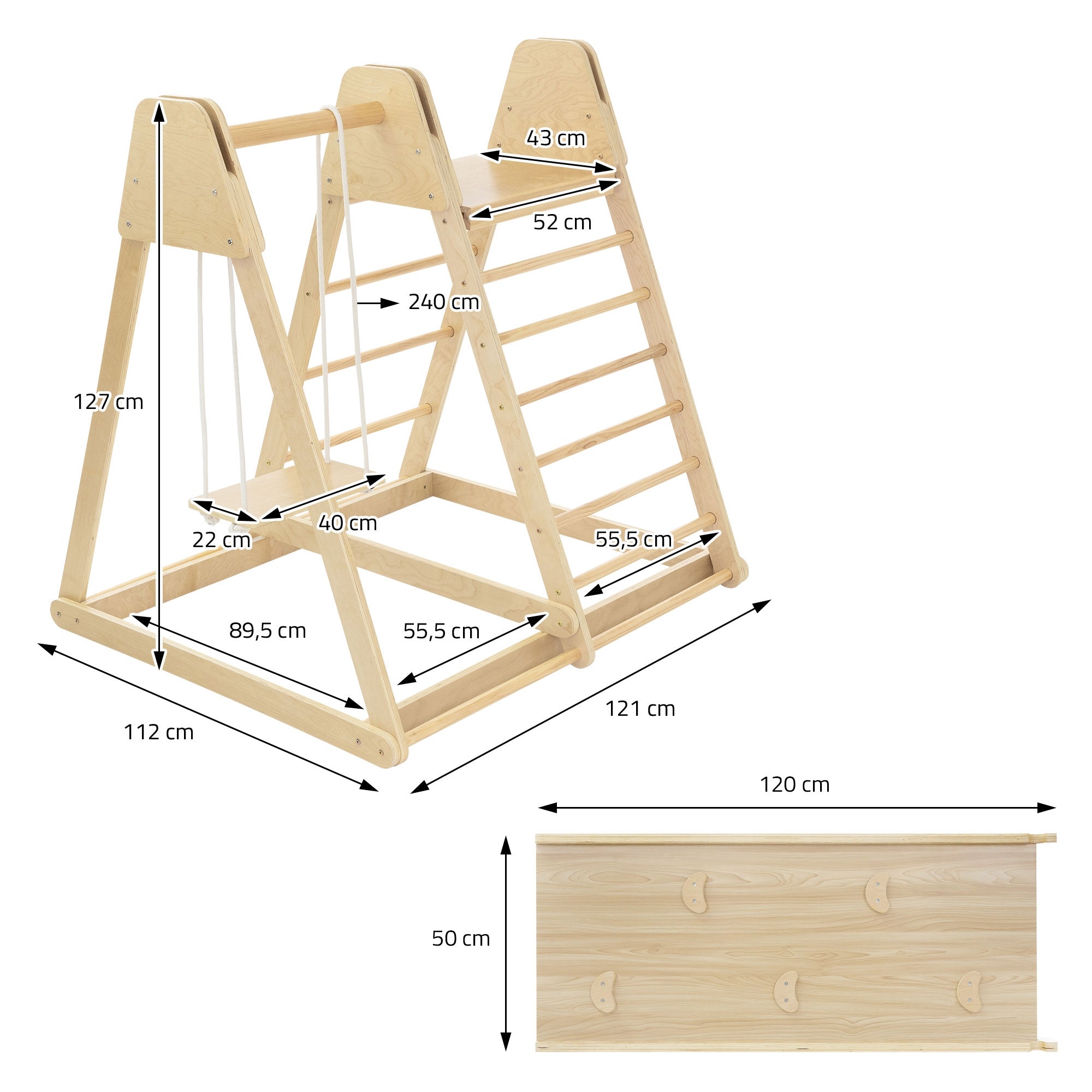 Dessin technique d'une structure de jeu en bois avec dimensions en centimètres.