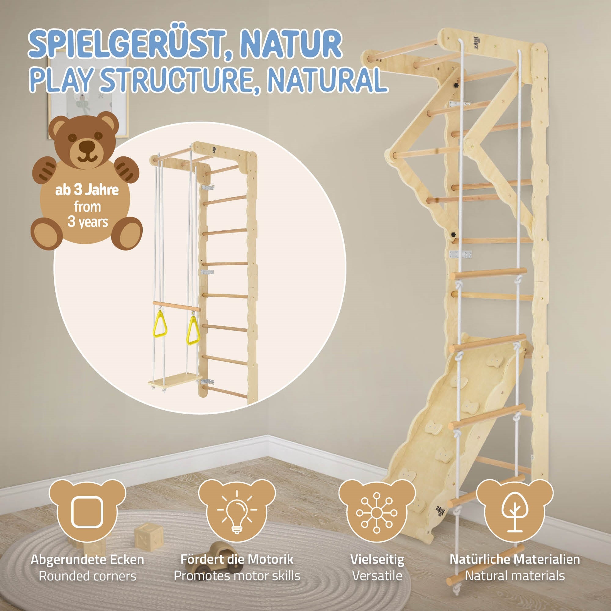 Una estructura de juego de madera con escalera y columpios, adecuada para niños a partir de 3 años.