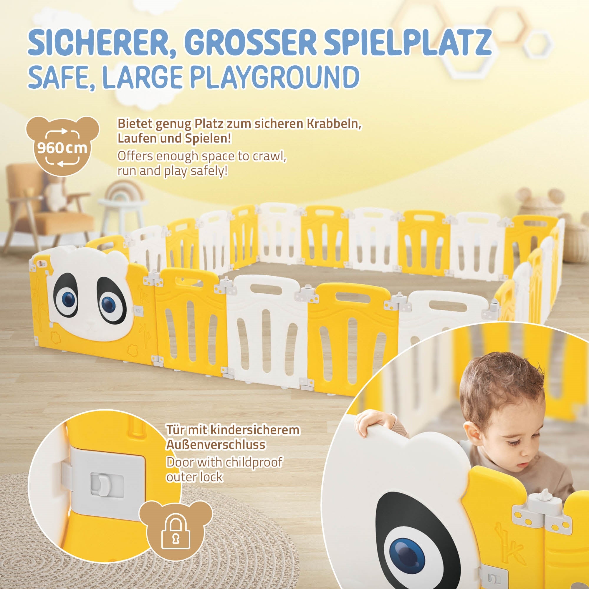Grande parco giochi con elementi gialli e bianchi, sicuro per i bambini.