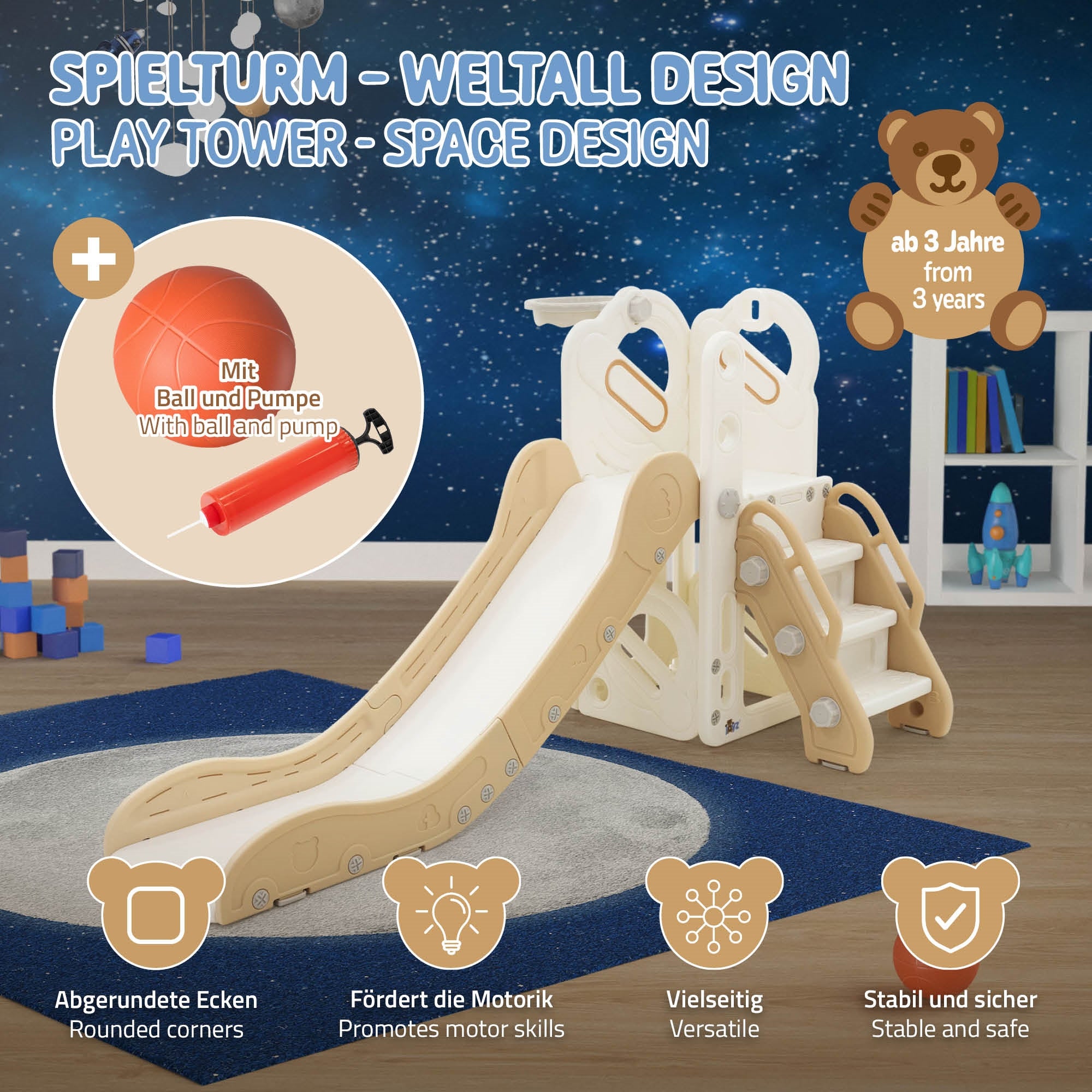 Spielturm mit Rutsche und Ball, geeignet für Kinder ab 3 Jahren.