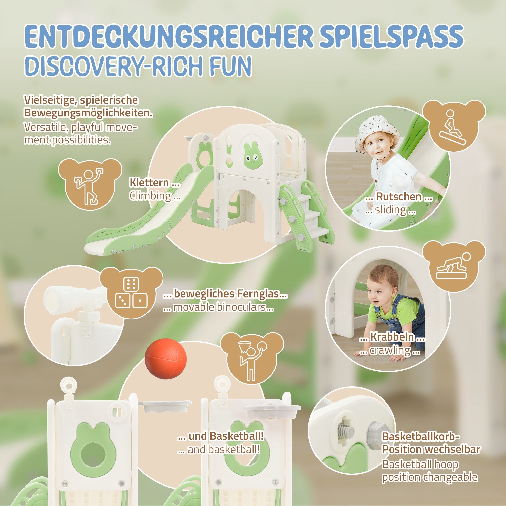 Spielplatz mit Klettermöglichkeiten, Rutsche und beweglichen Elementen.