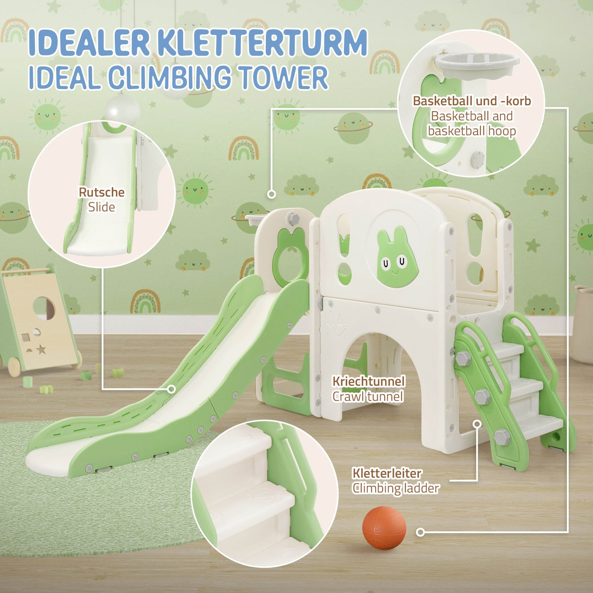 Illustration eines Kletterturms mit Rutsche und Kriechtunnel.