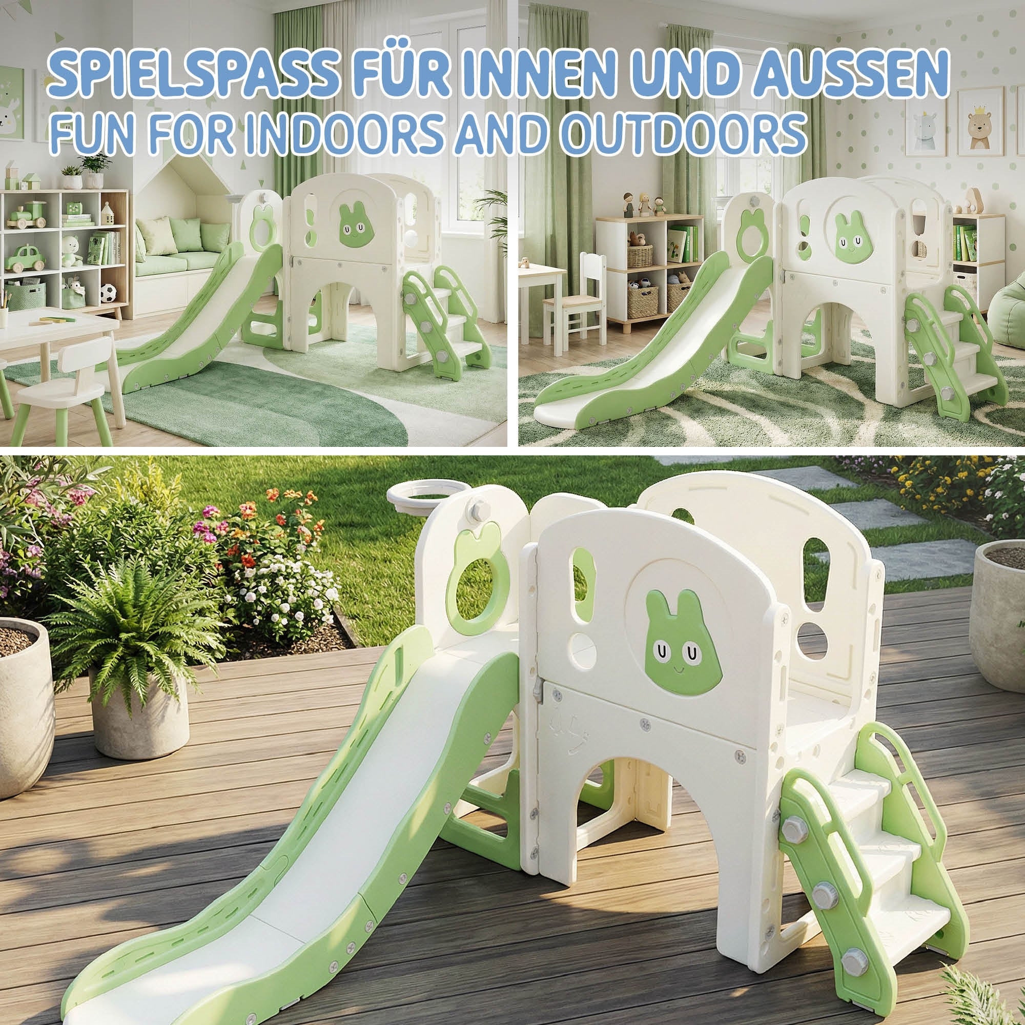 Spielgerät in einem Raum mit Rutsche und Kletterelementen, grüne und weiße Farben.