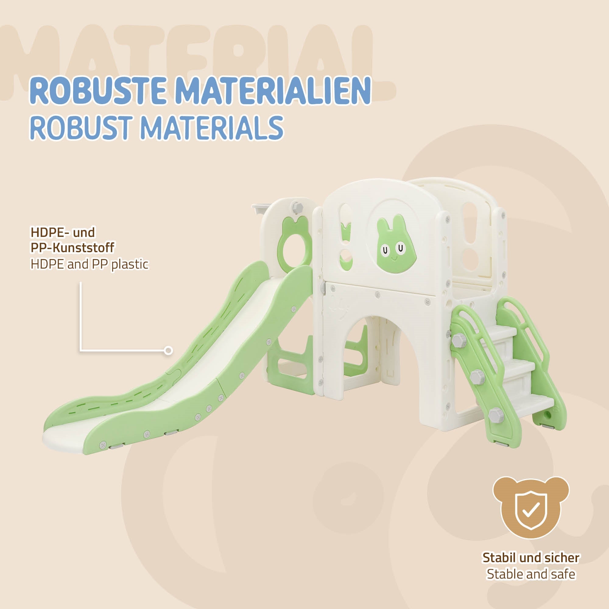 Spielturm aus robustem Material mit Rutsche in Weiß und Grün.