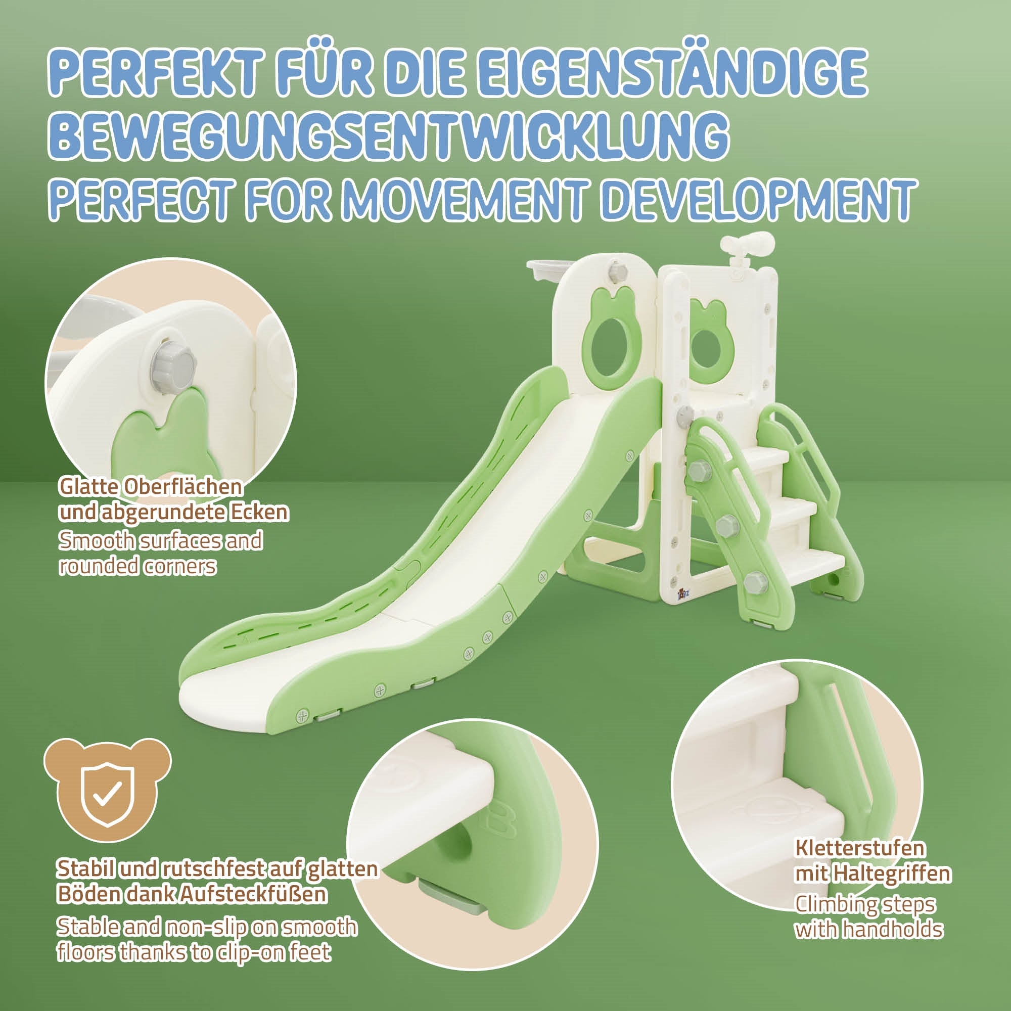 Play structure with slide and sturdy hand grips.