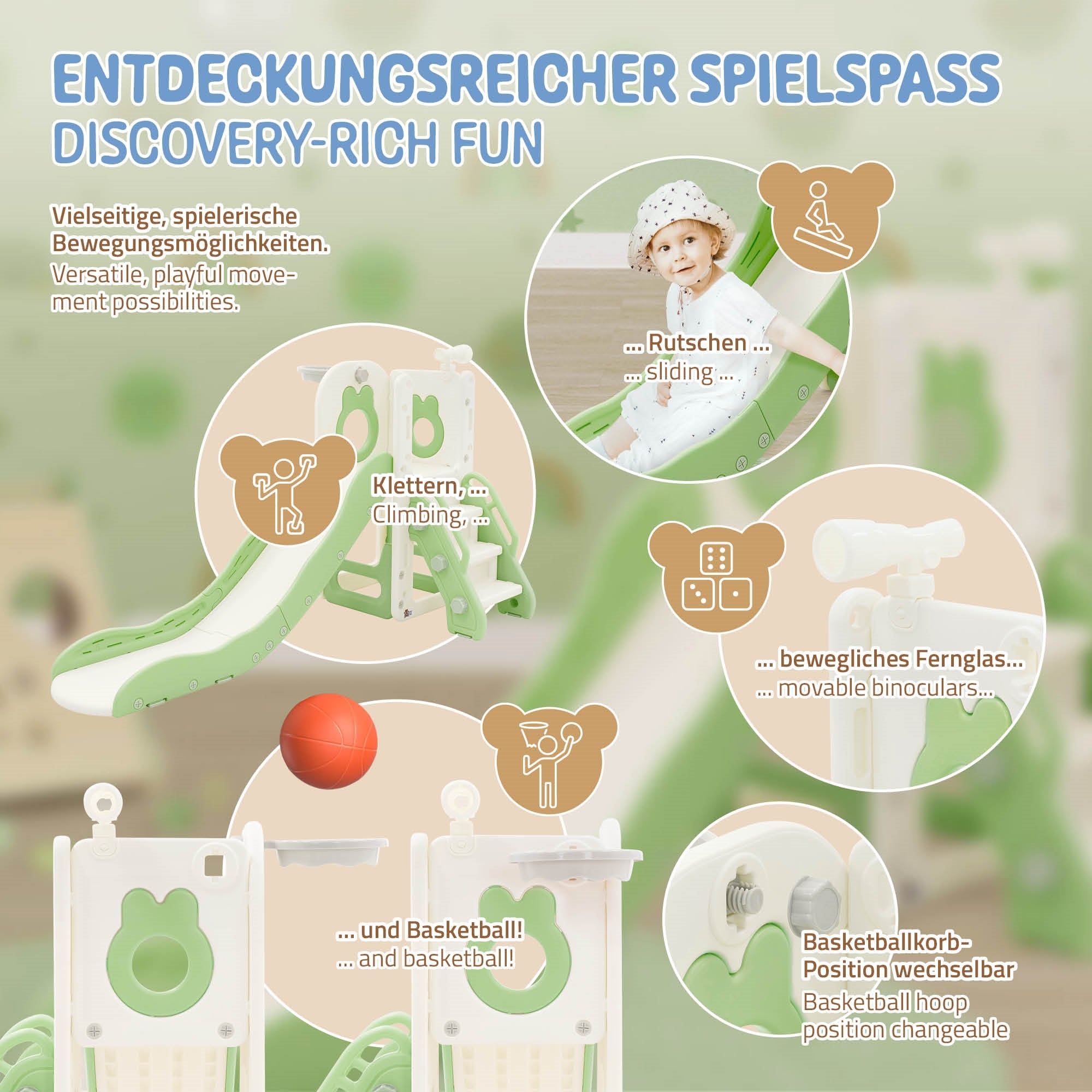 Playground with slide, climbing elements, and toys. Rounded corners.