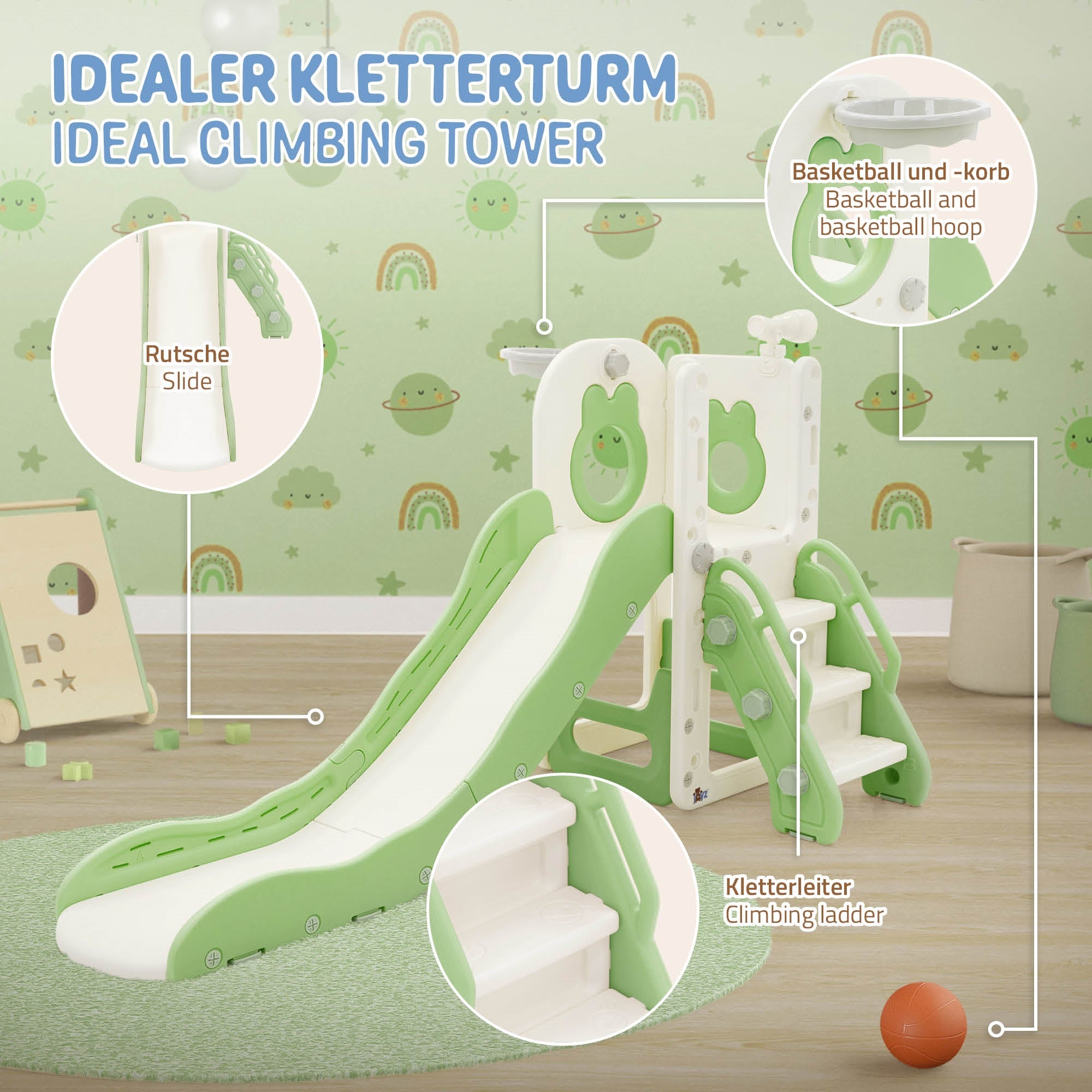 Climbing tower in green with slide and basketball hoop, playful elements.