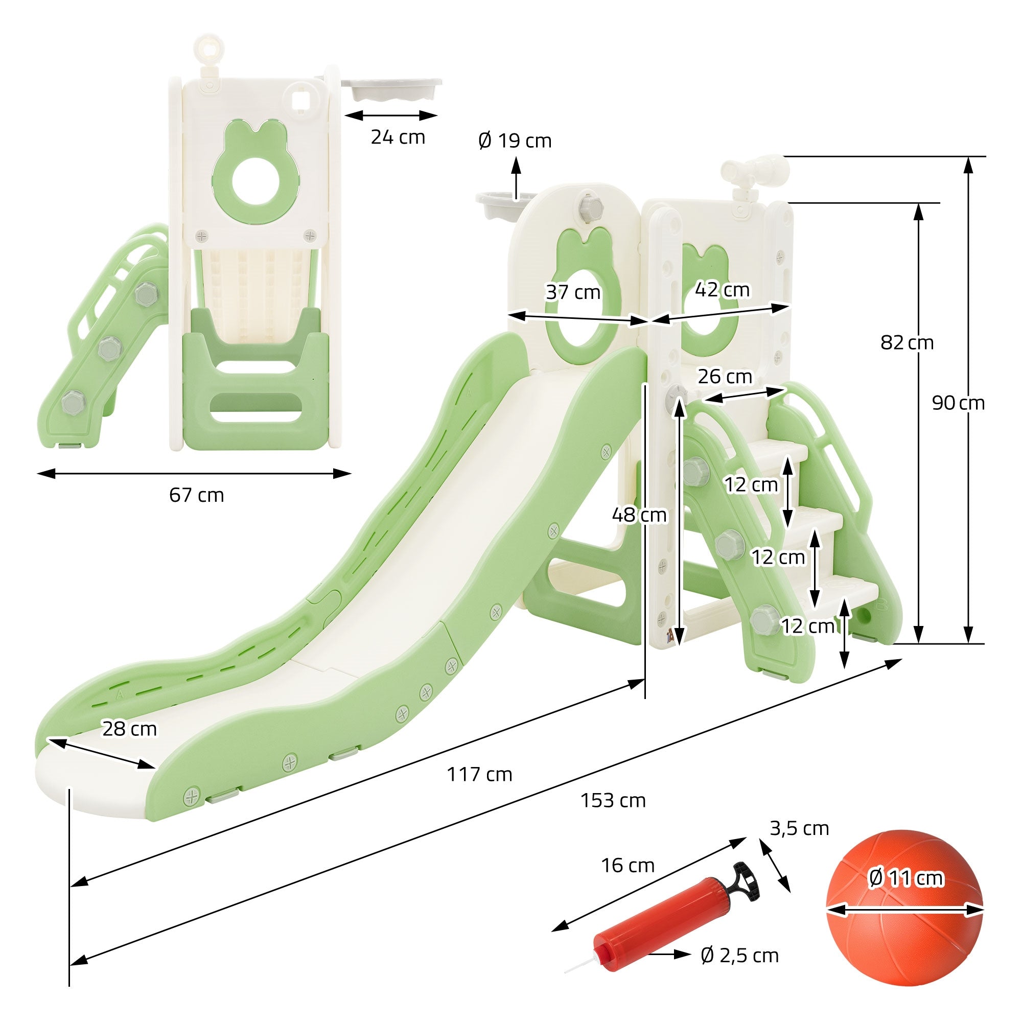 Measurement drawing of a play equipment with slide and climbing elements.