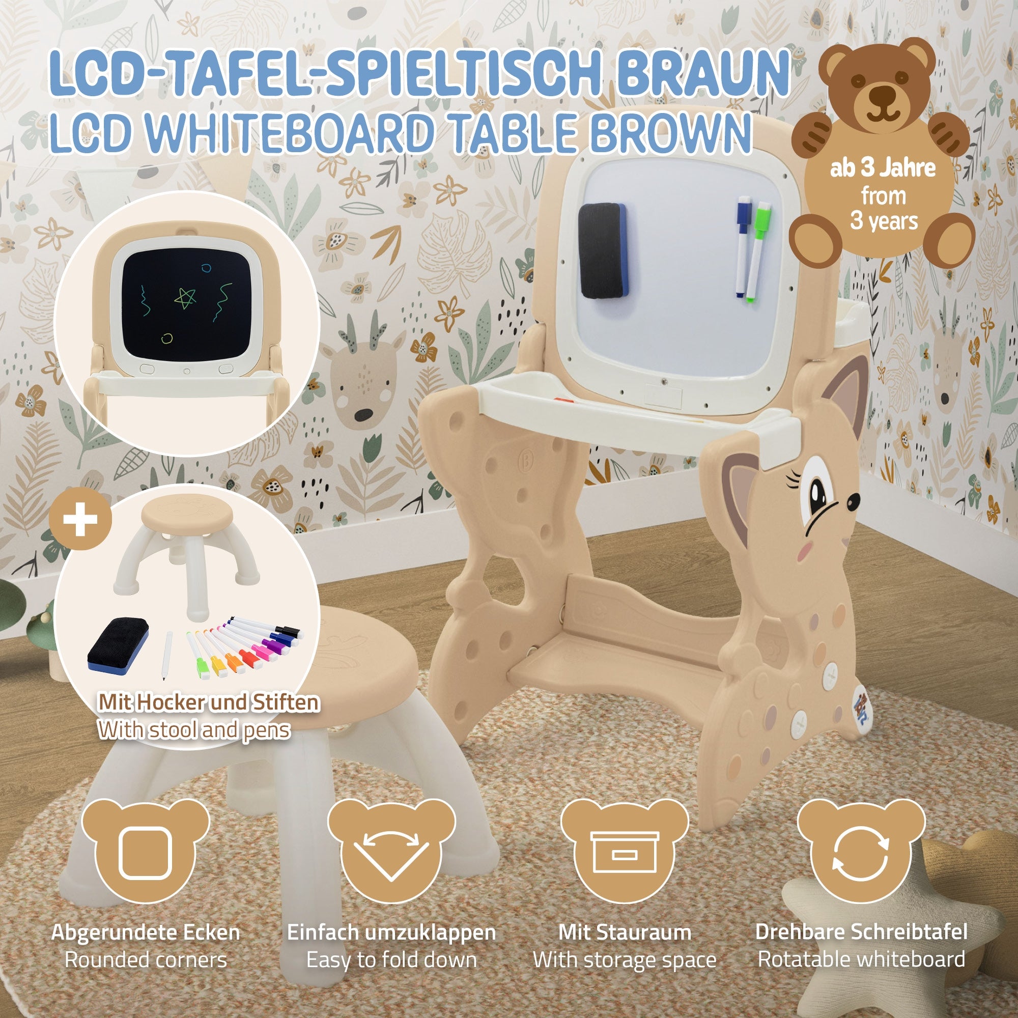Barna játéktábla LCD-fehér táblával, székkel és ceruzákkal, 3 éves kortól.