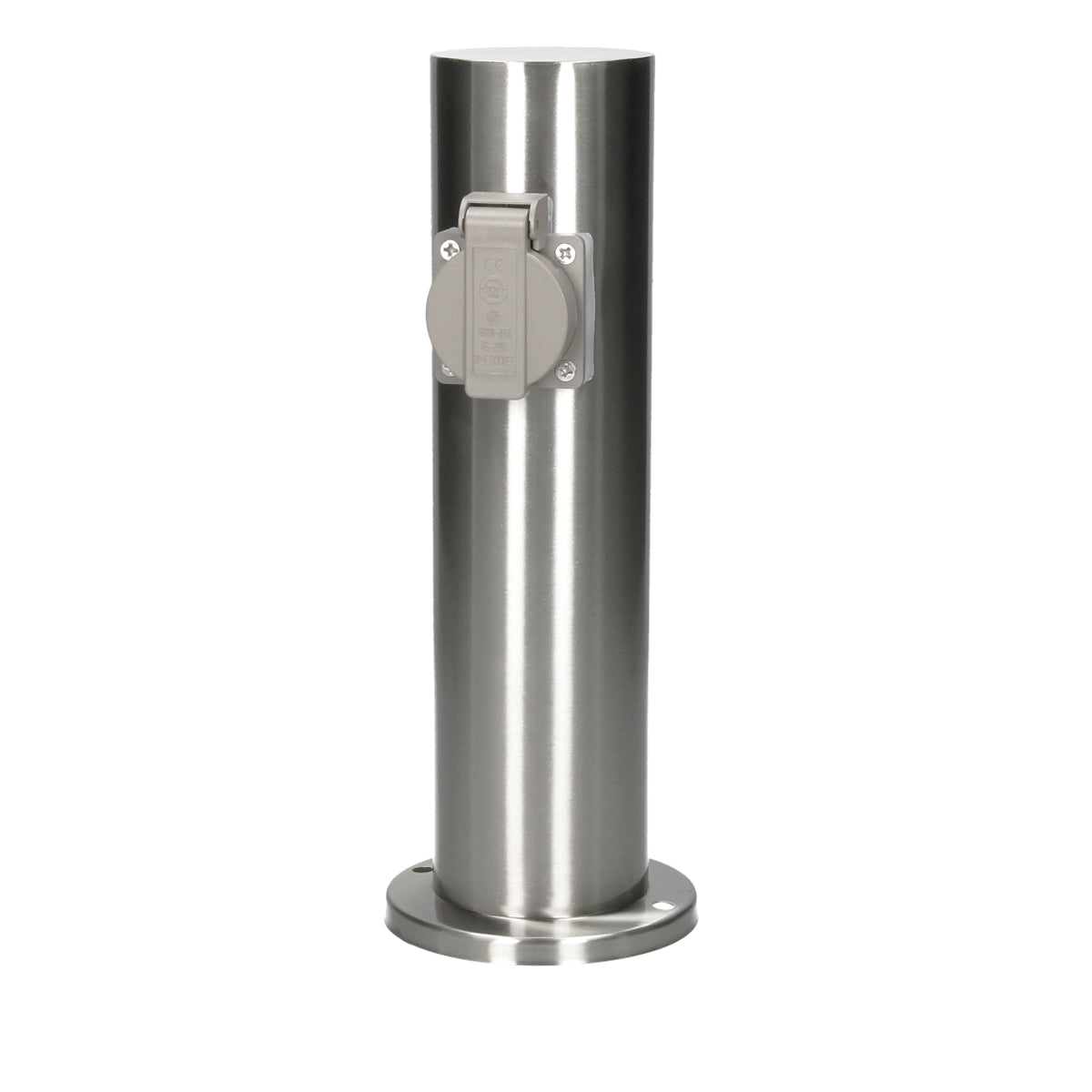Edelstahl-Säule mit einer Abdeckung für eine Steckdose.