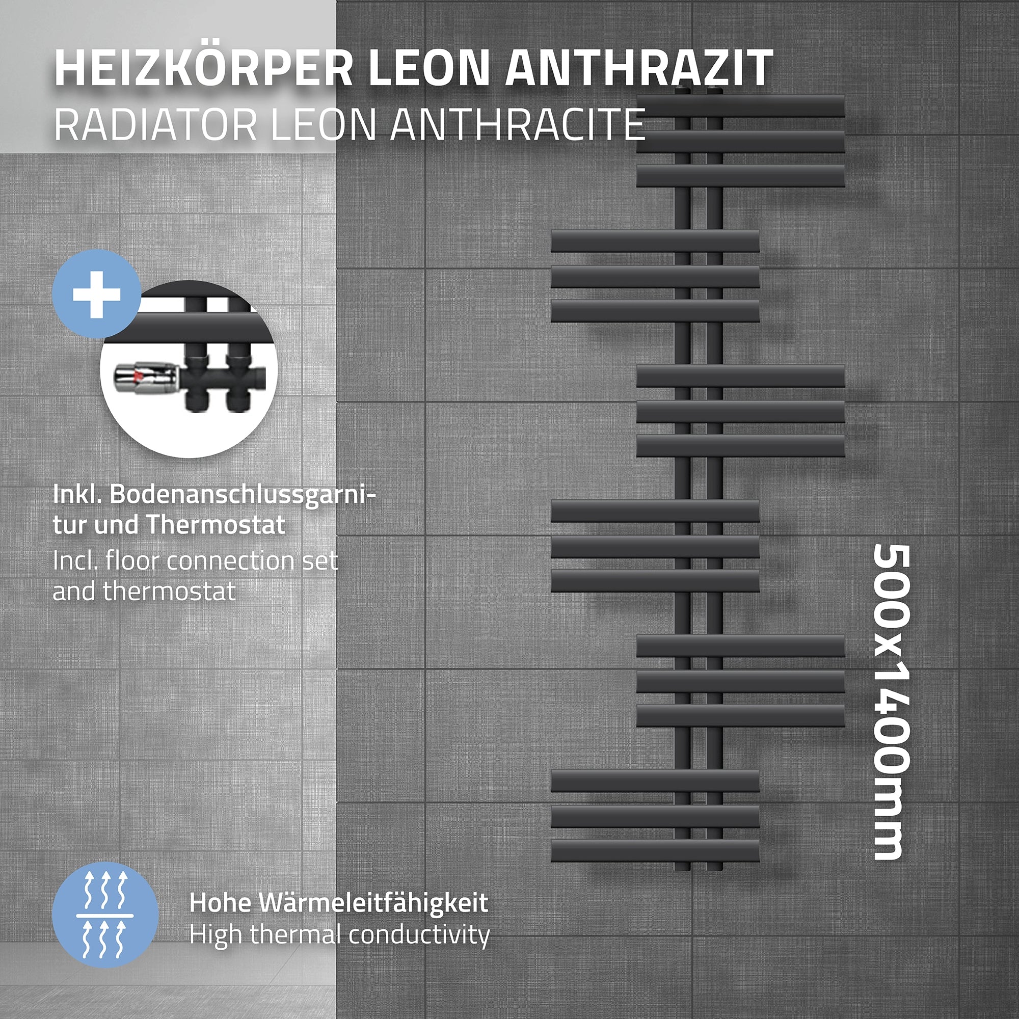 Anthrazitfarbener Heizkörper mit horizontalen Lamellen an einer grauen Wand.