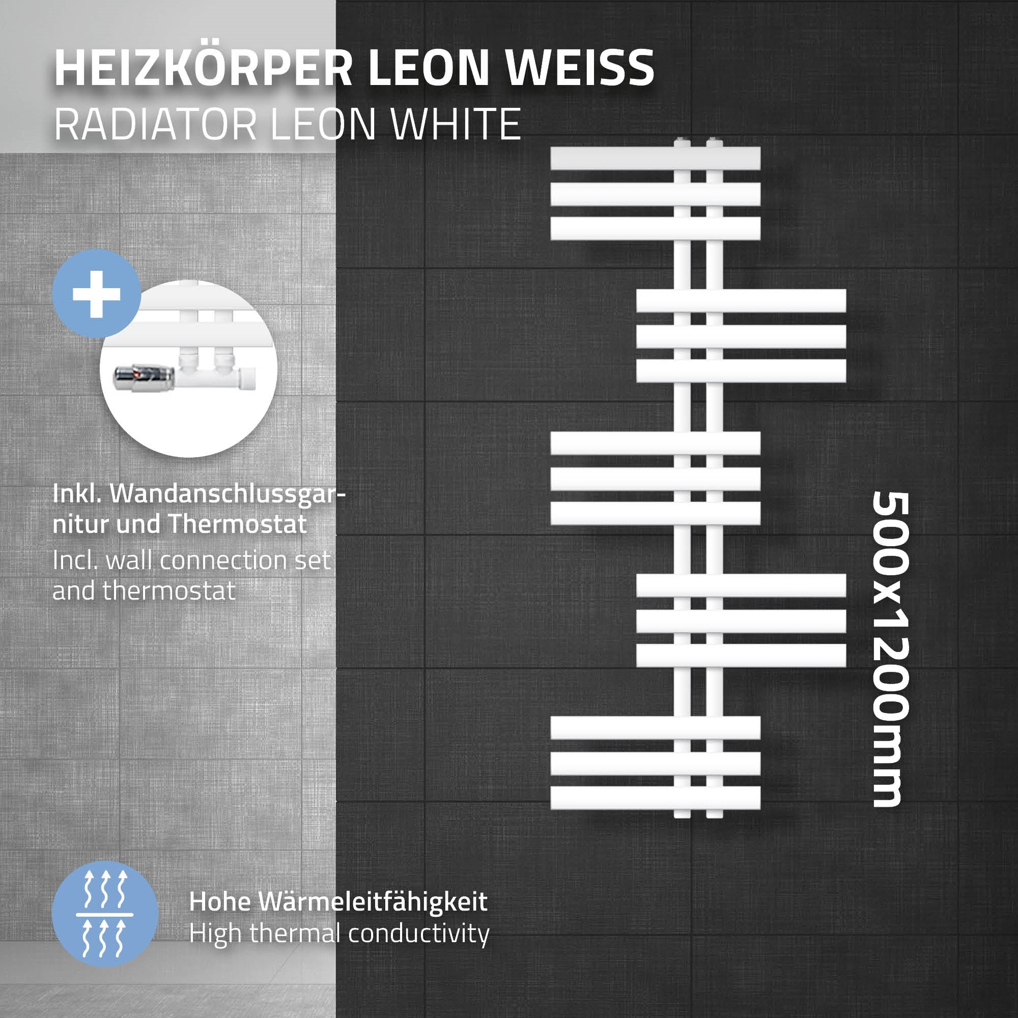 Heizkörper in Weiß, 500x1200 mm, an einer dunklen Wand montiert.