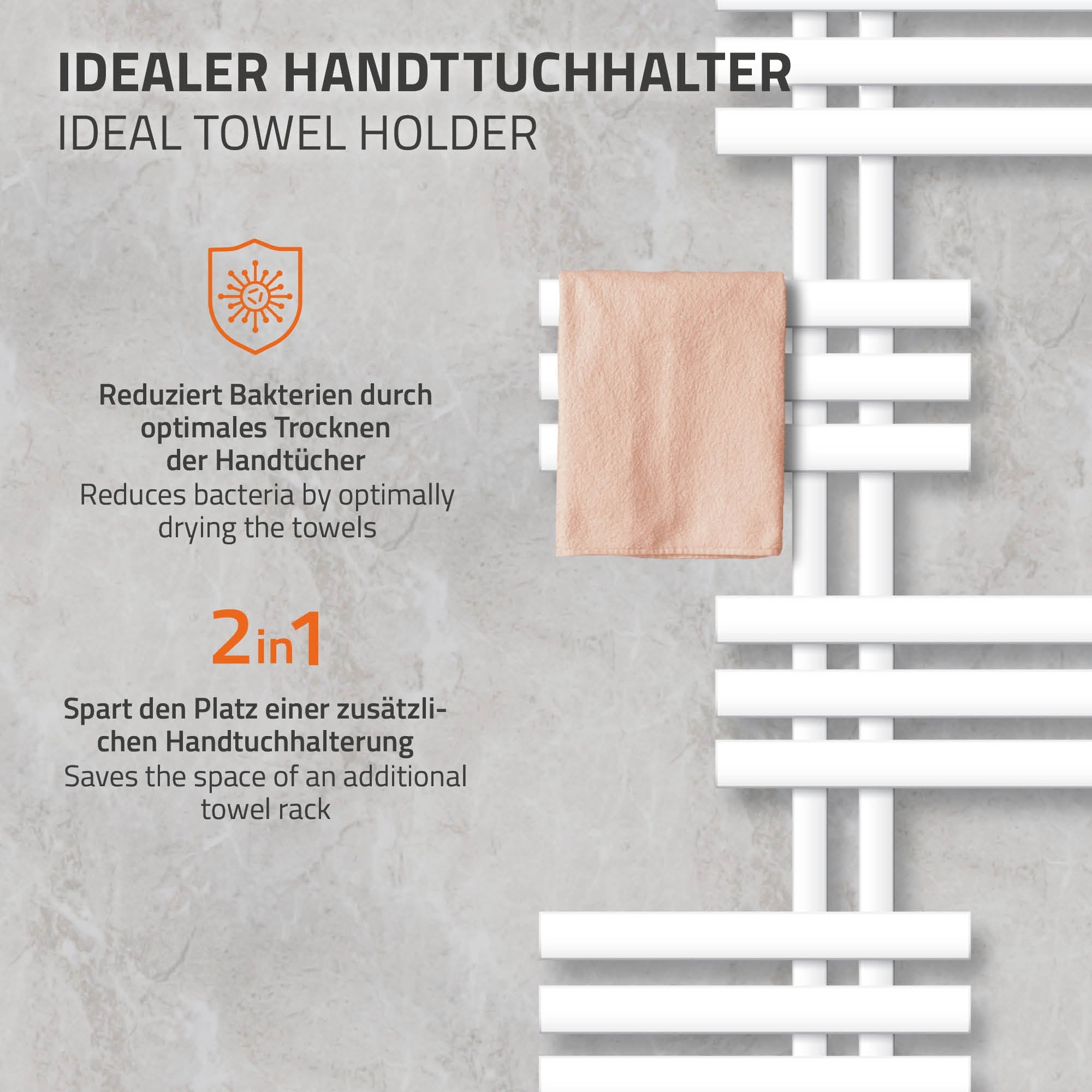 Handtuchhalter in Weiß mit einem Handtuch, auf grauem Hintergrund.