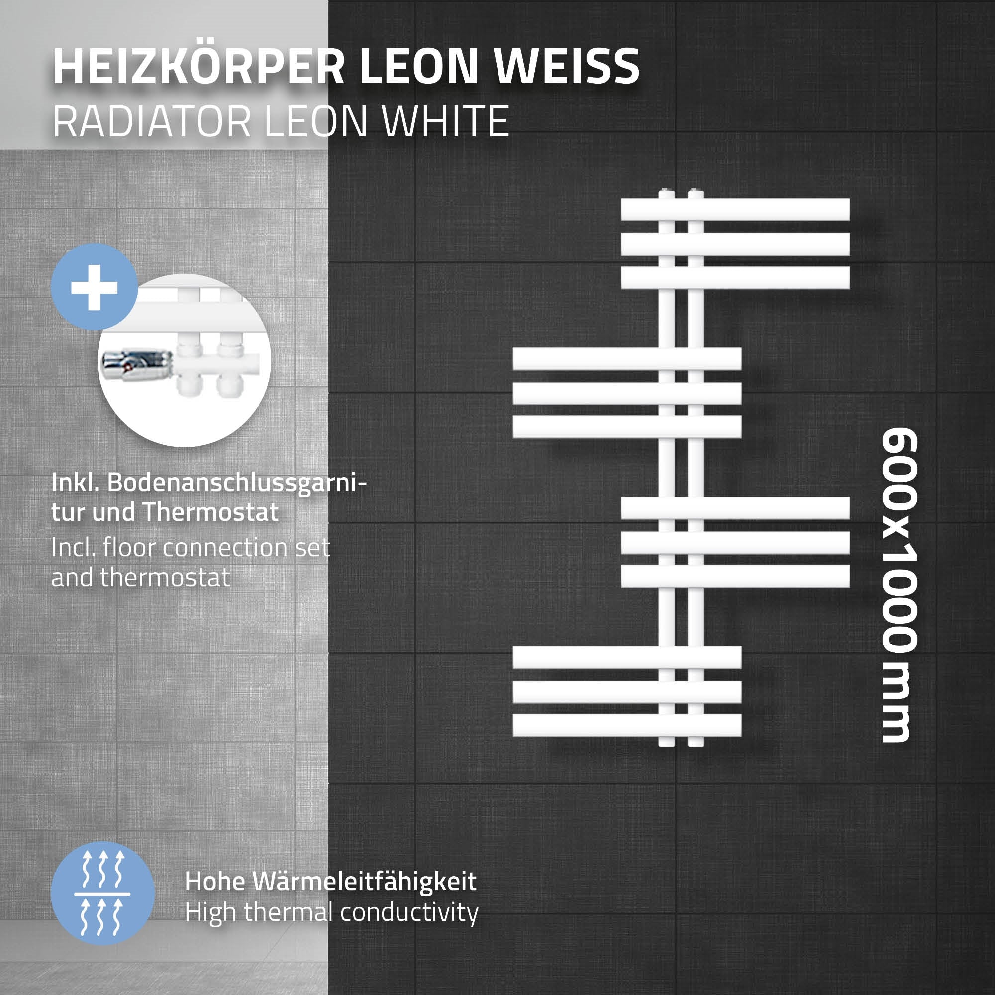 Weißer Heizkörper mit horizontalen Lamellen, Maße 600x1000mm.