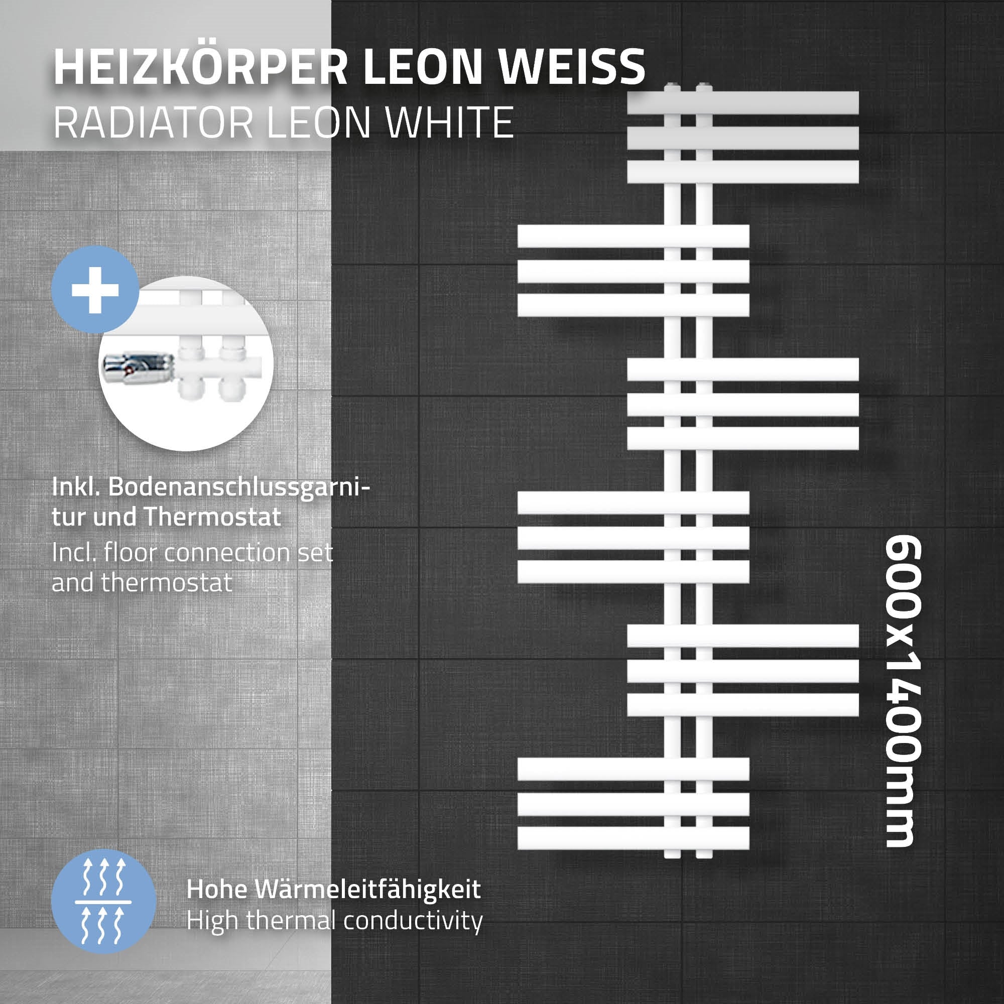Heizkörper Leon in Weiß, 600x1400mm, mit Thermostat und Anschlussgarnitur.
