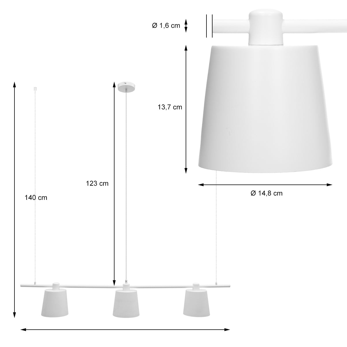 Technical drawing of a white lamp with dimensions and diameters.