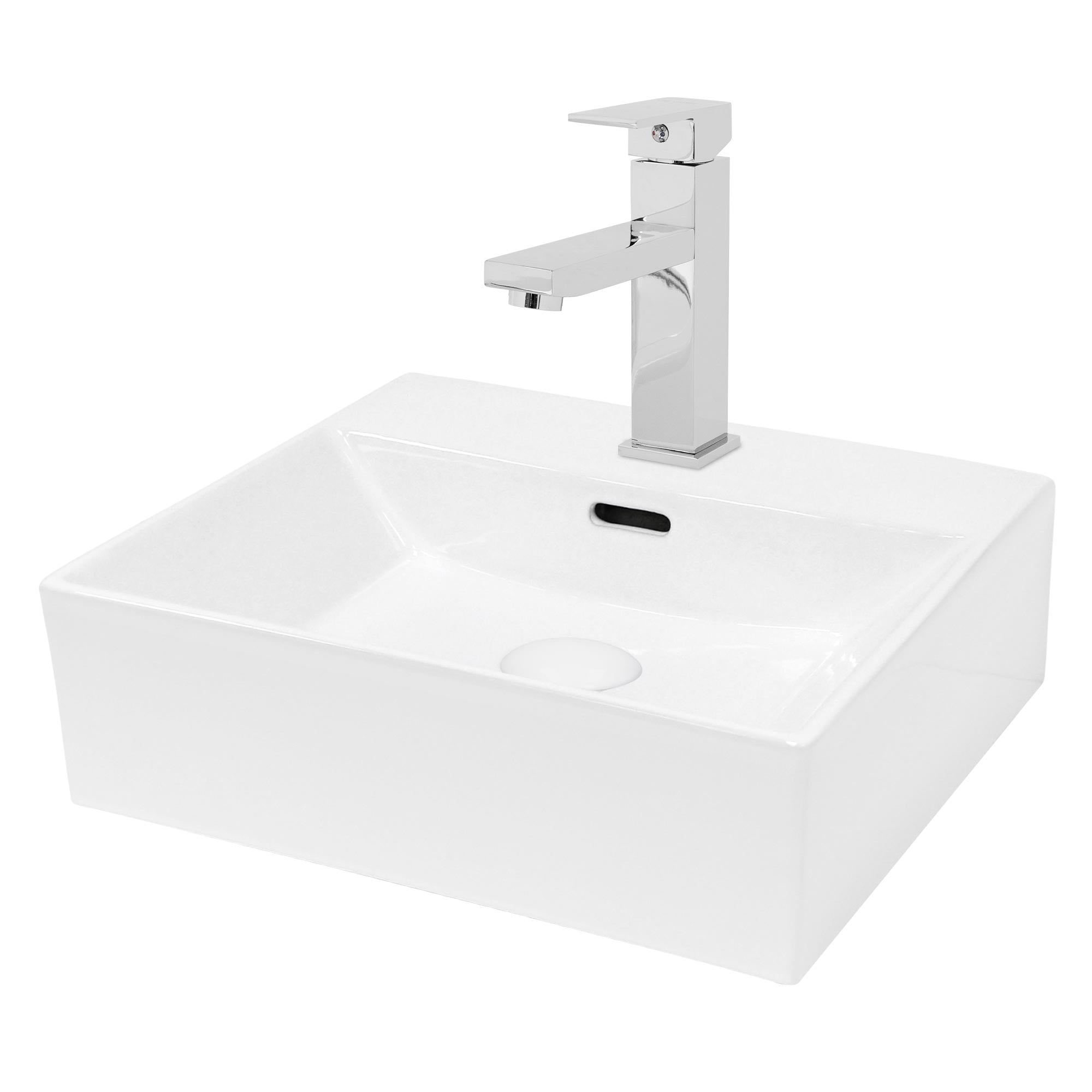 Rechteckiges Waschbecken mit Wasserarmatur in Chromfarbe.