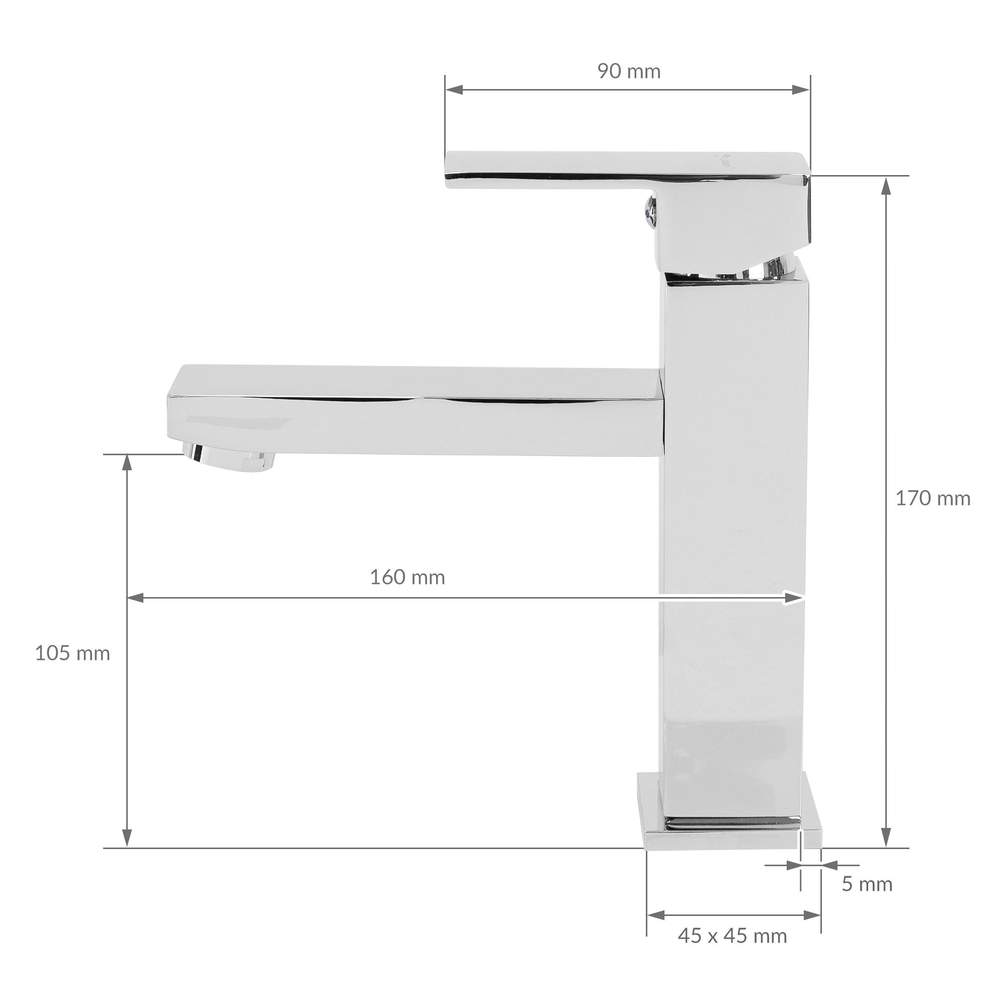 Måltegning af en vandhane med dimensioner i millimeter.