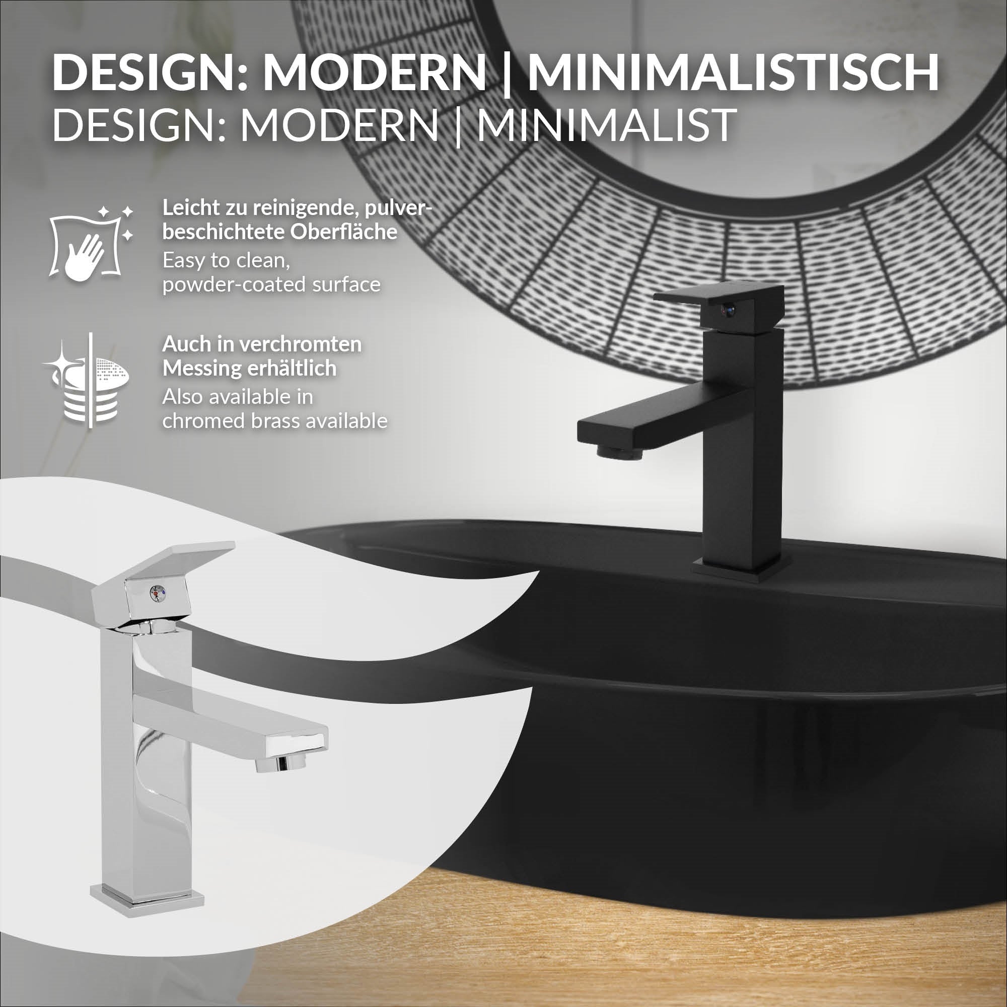 Moderne armatur i forkromet design over et vask.