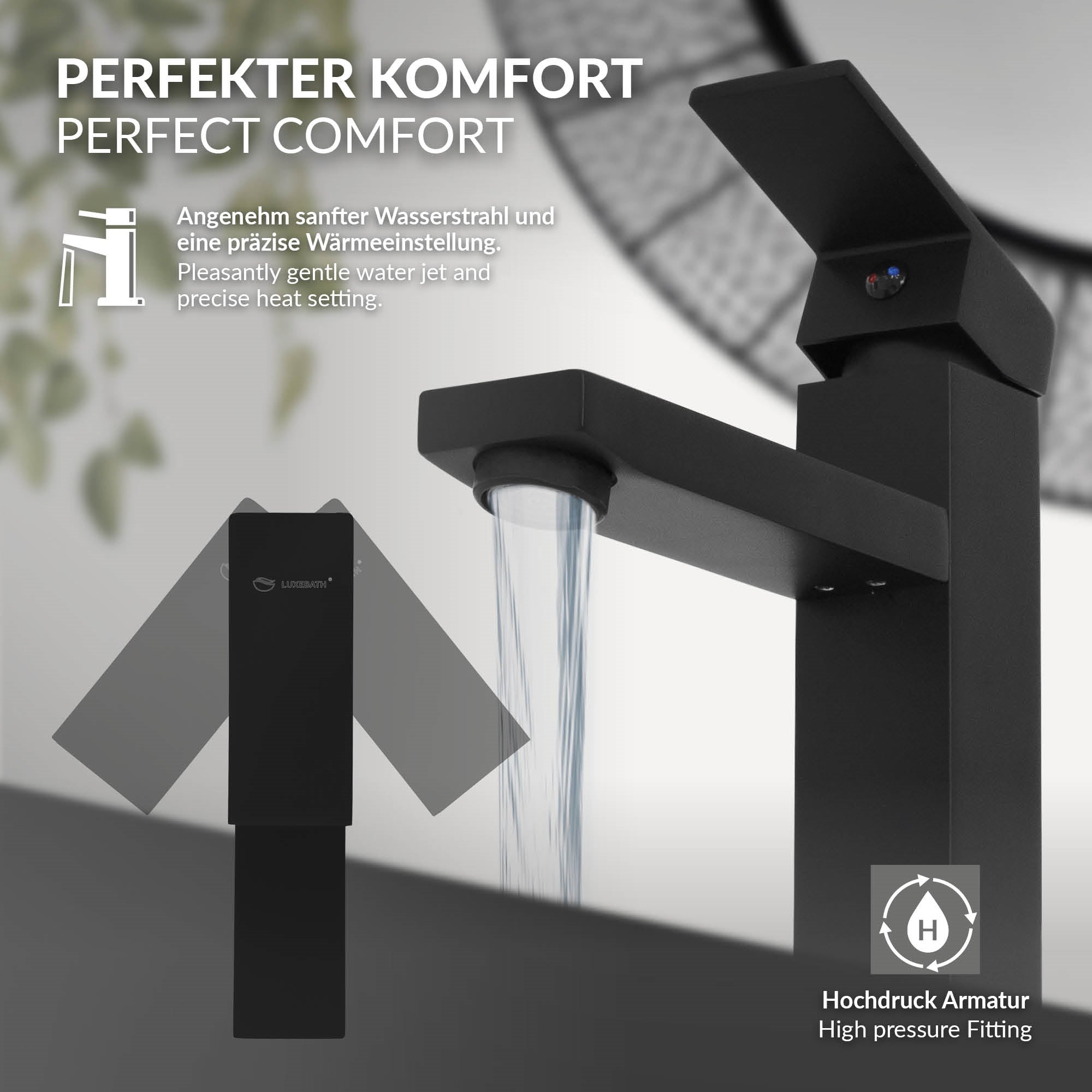 Sort armatur med vandstråle og beskrivelse af komfort.