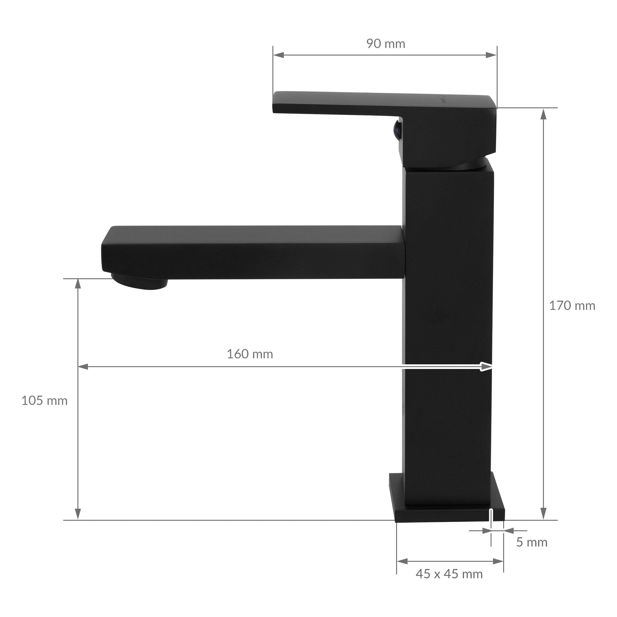 Sort vandhane med mål: 90 mm bredde, 170 mm højde, 160 mm udløb.