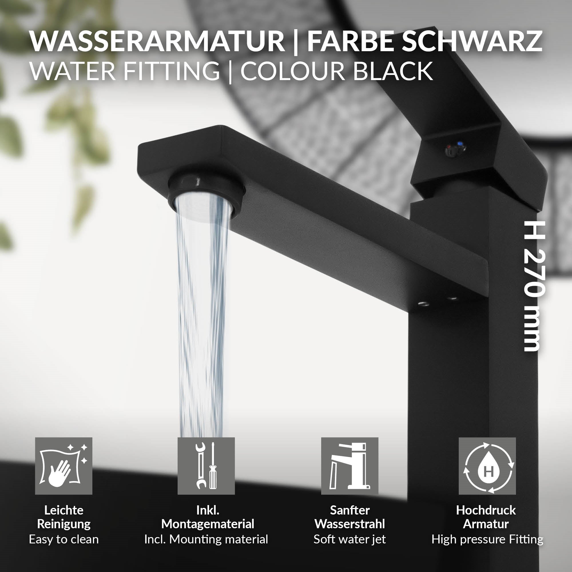 Rubinetto nero con getto d'acqua e informazioni per la pulizia.