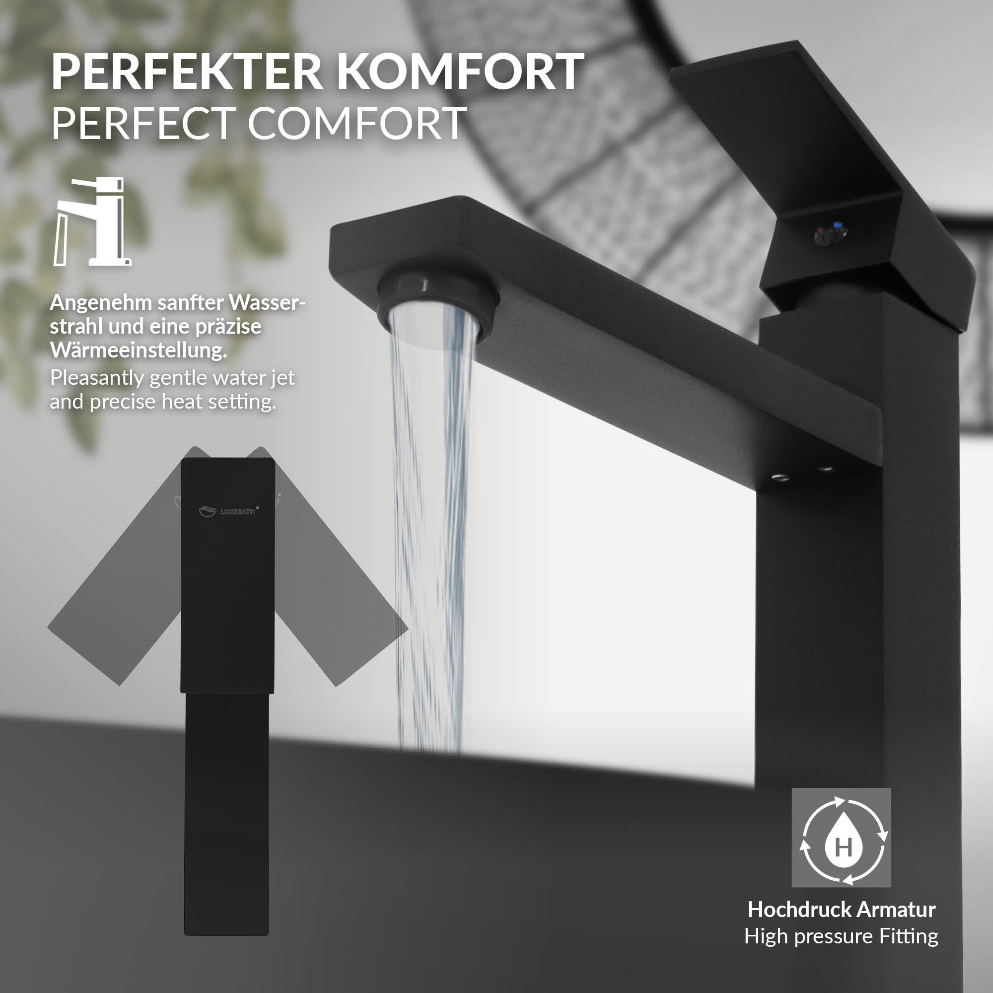 Rubinetto nero con getto d'acqua morbido e regolazione della temperatura.