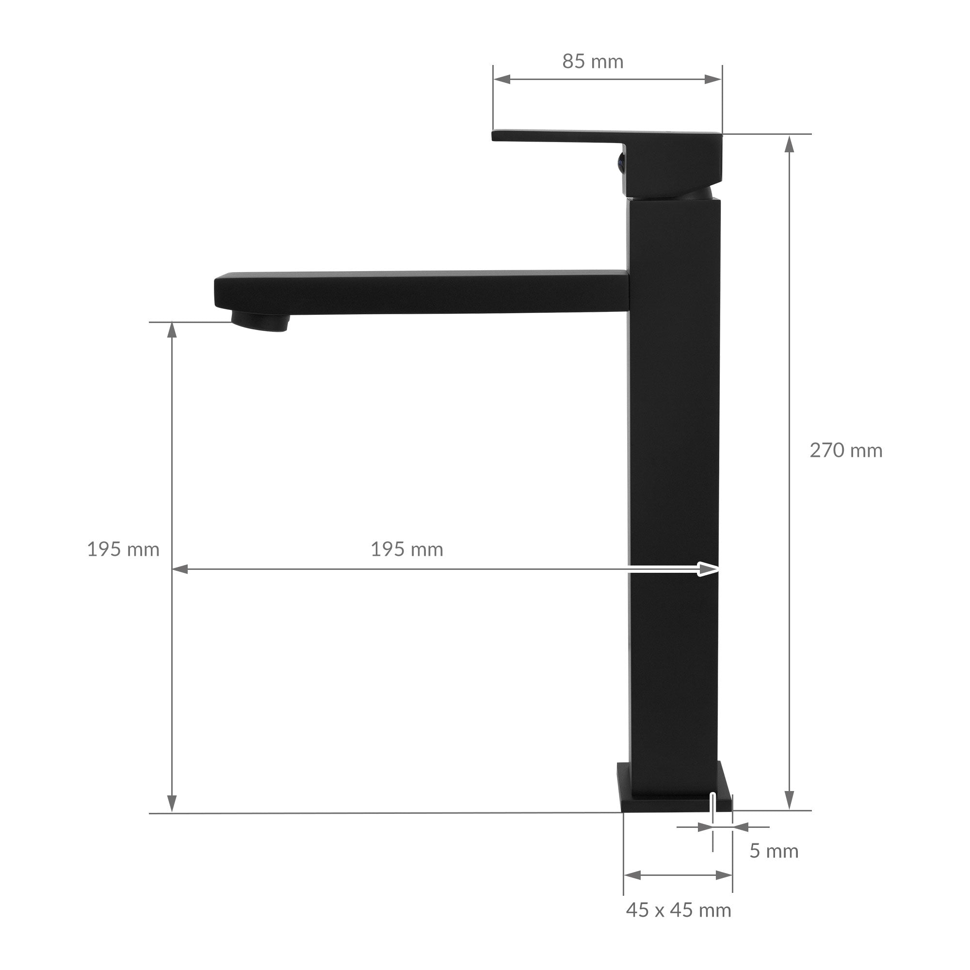 Disegno di un rubinetto nero con dimensioni in millimetri.