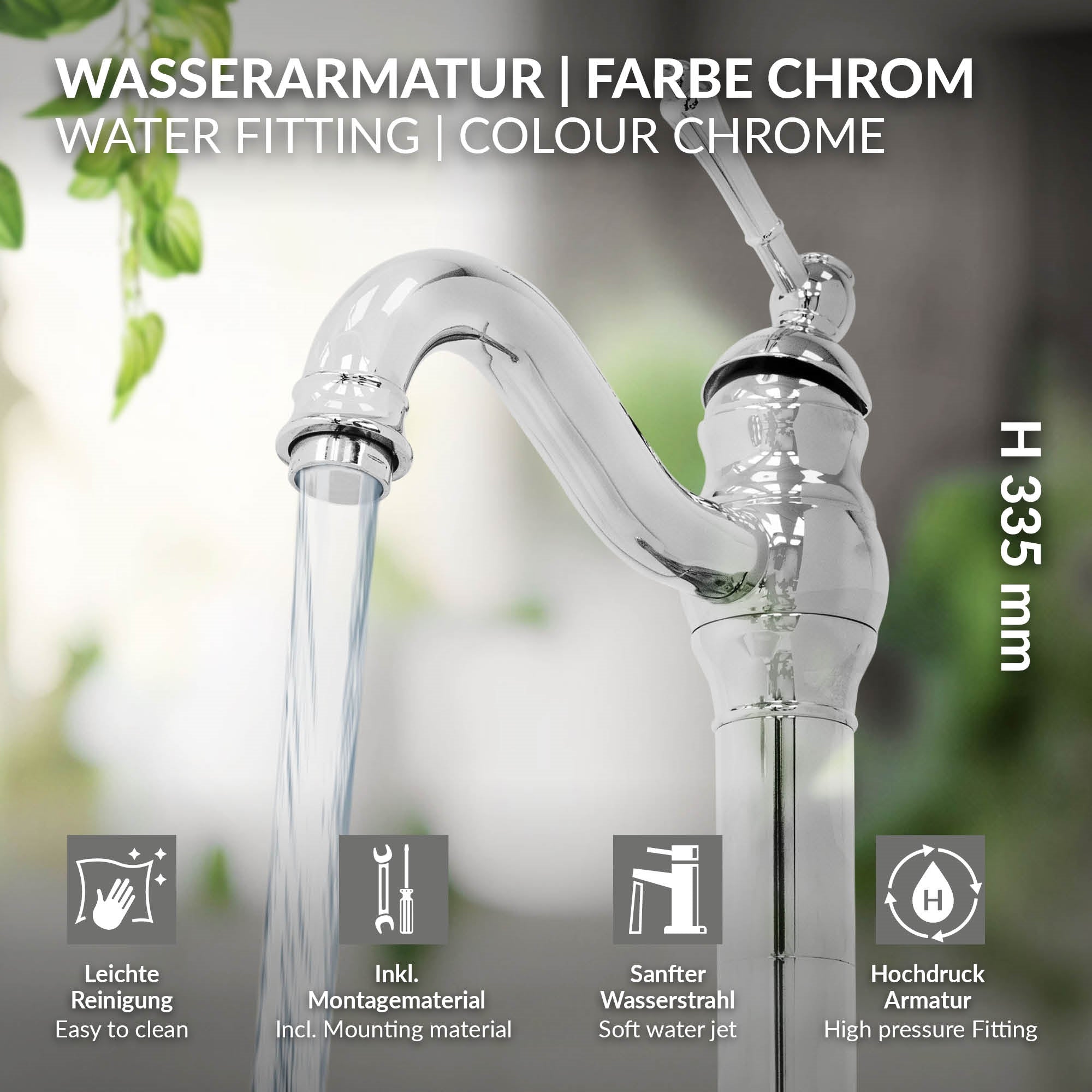 Grifo brillante con chorro de agua e información sobre la altura.