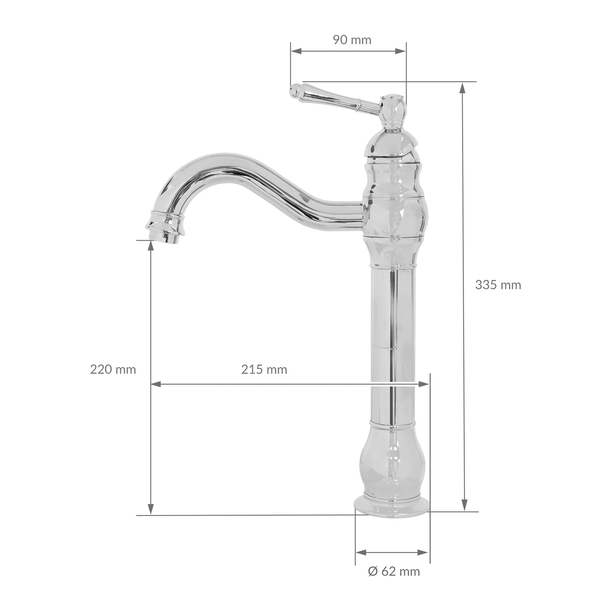 Dibujo técnico de un grifo con dimensiones en milímetros.
