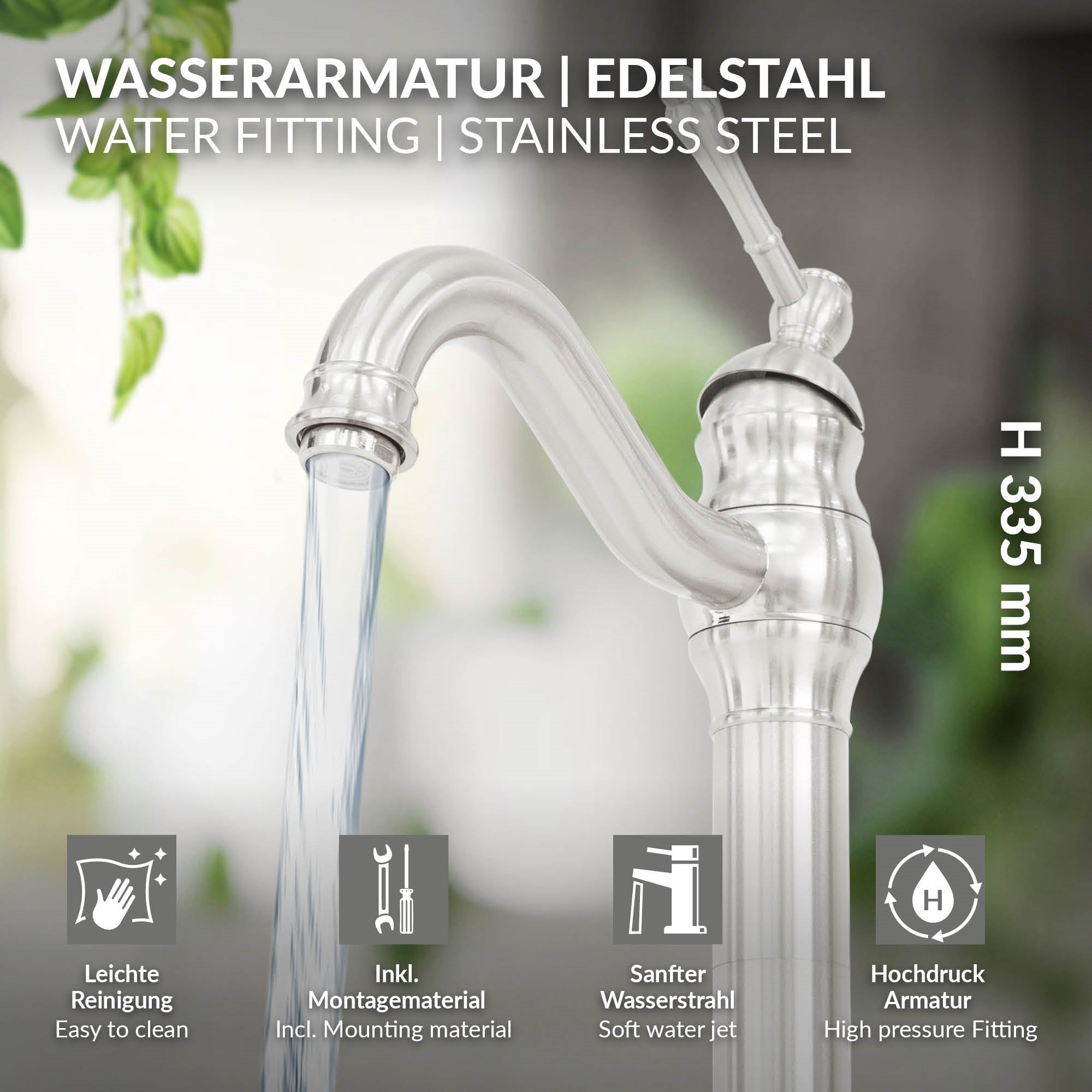 Robinet en acier inoxydable avec eau courante, hauteur 335 mm.
