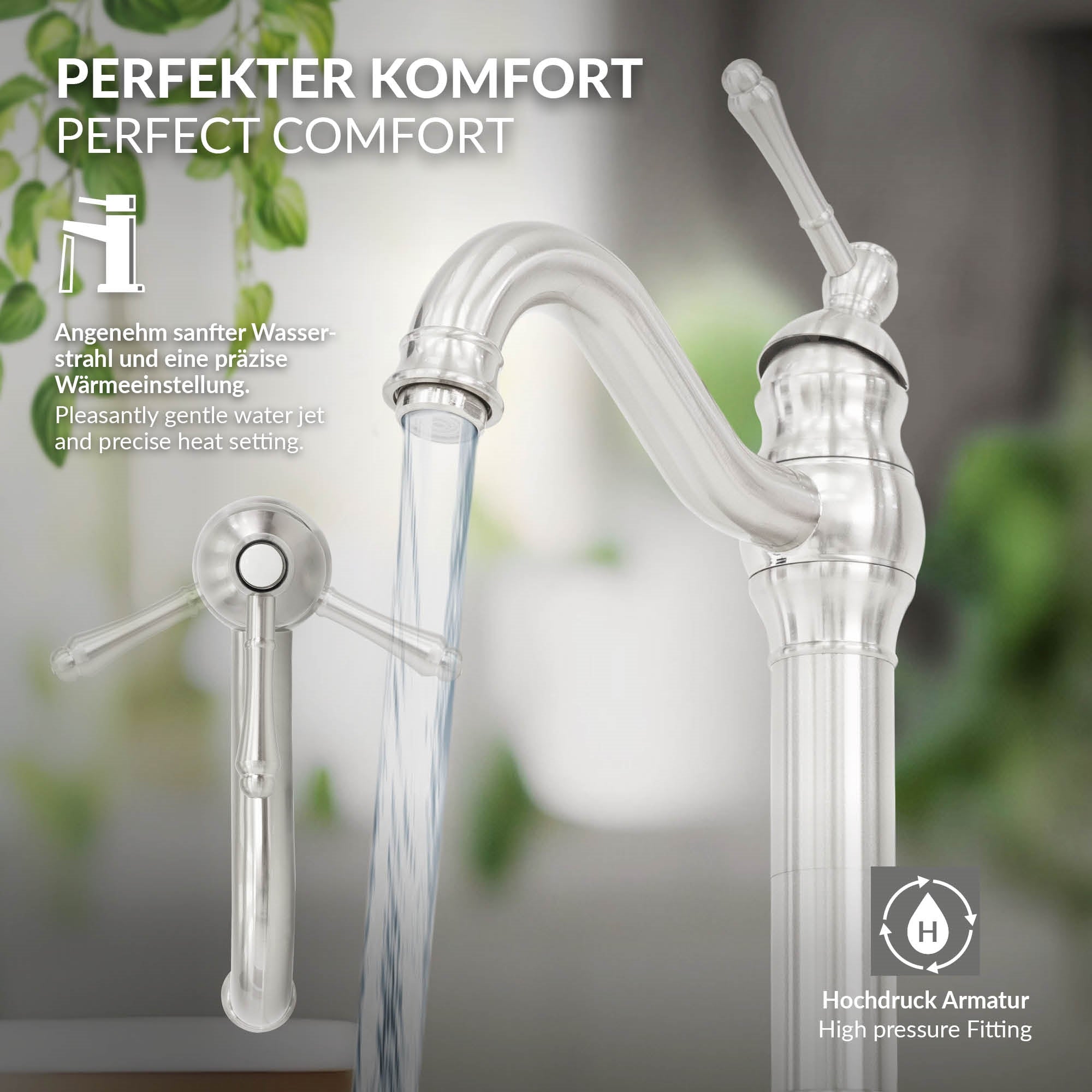 Robinet brillant avec jet d'eau et régulateur de température.