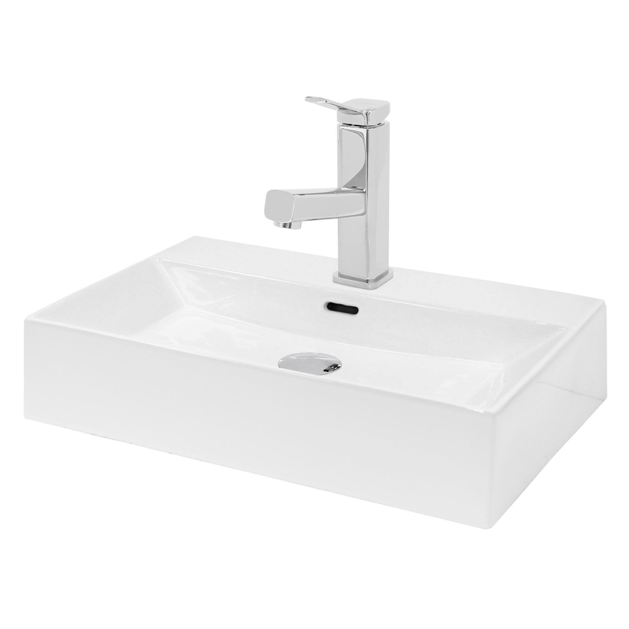 Rechteckiges Waschbecken mit einem modernen Wasserhahn in Chrom.