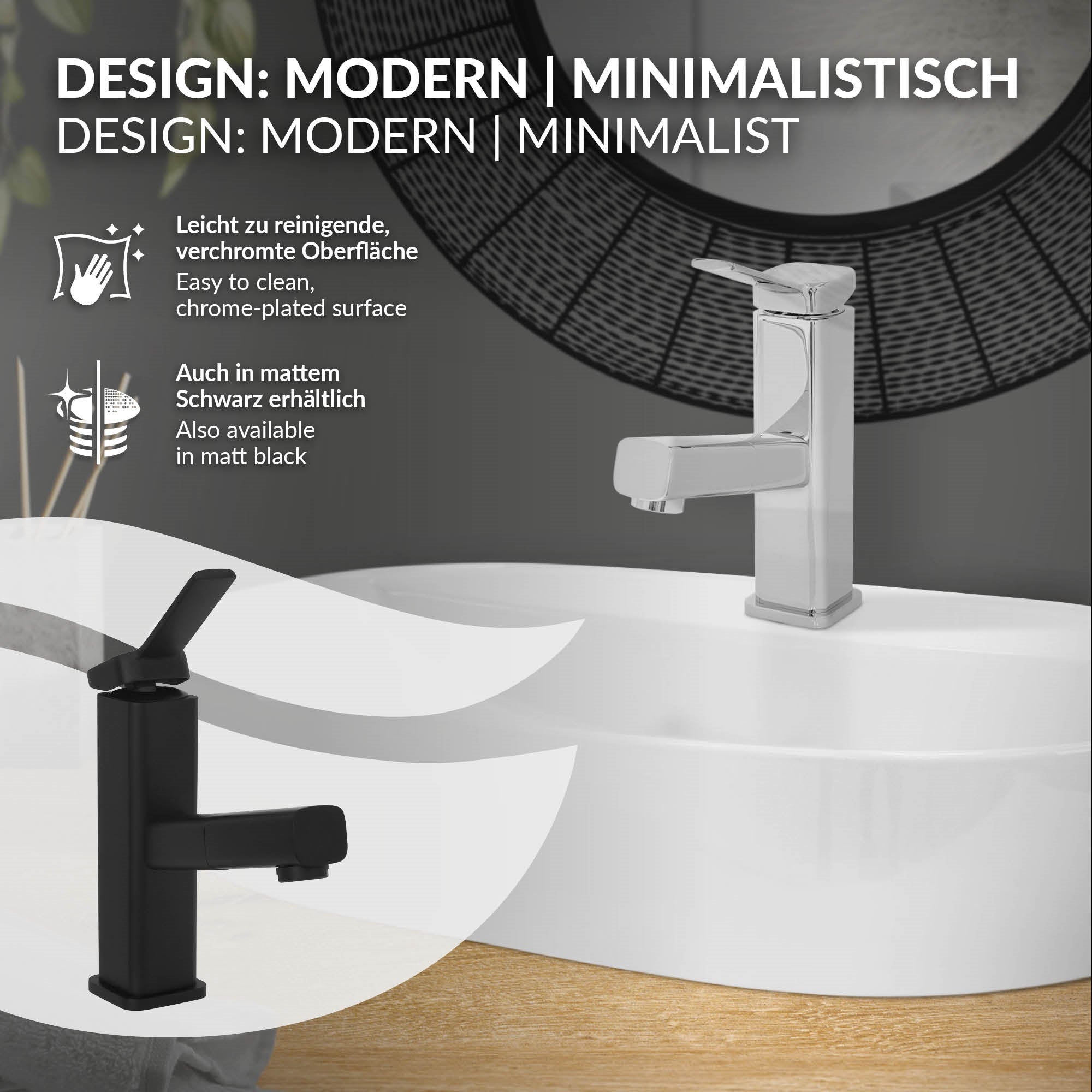 Wasserhahn in schwarz und silber, mit Beschreibung der Oberflächenpflege.