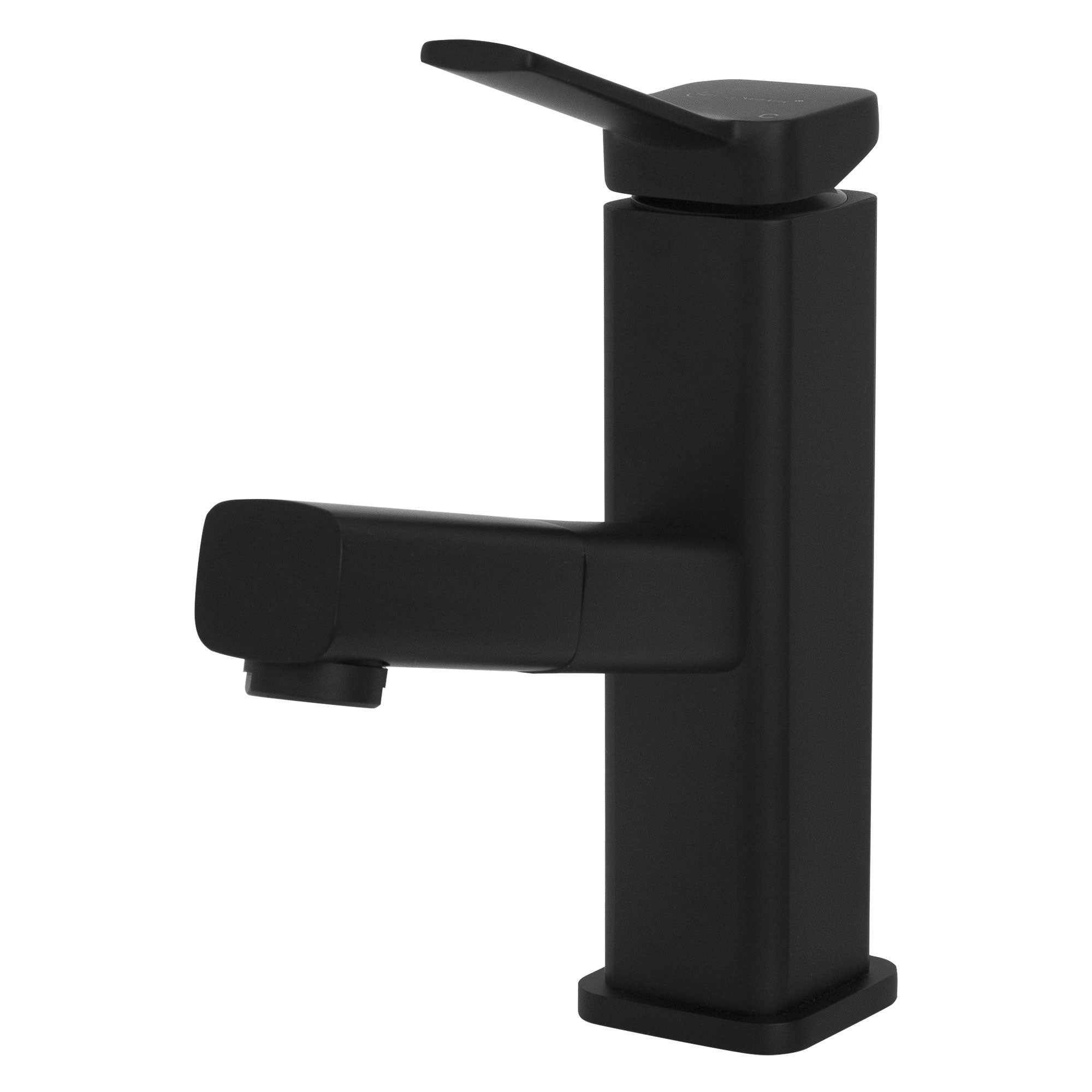 Schwarze Wasserarmatur in minimalistischer Form ohne zusätzliche Elemente.