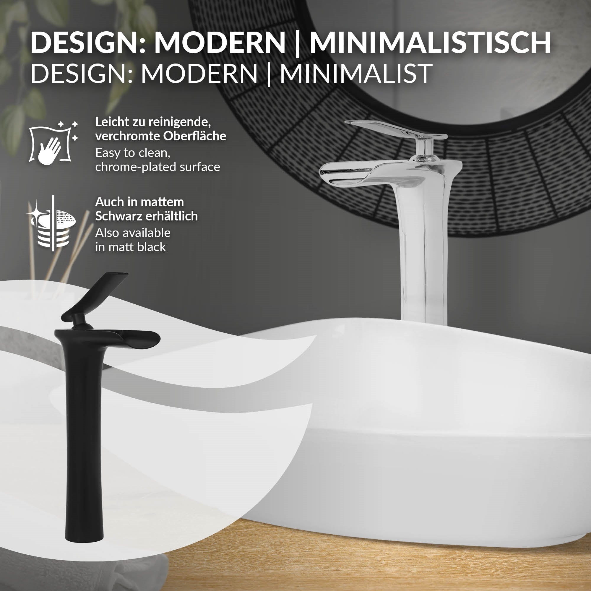 Moderne armatur i mat sort og forkrommet overflade.