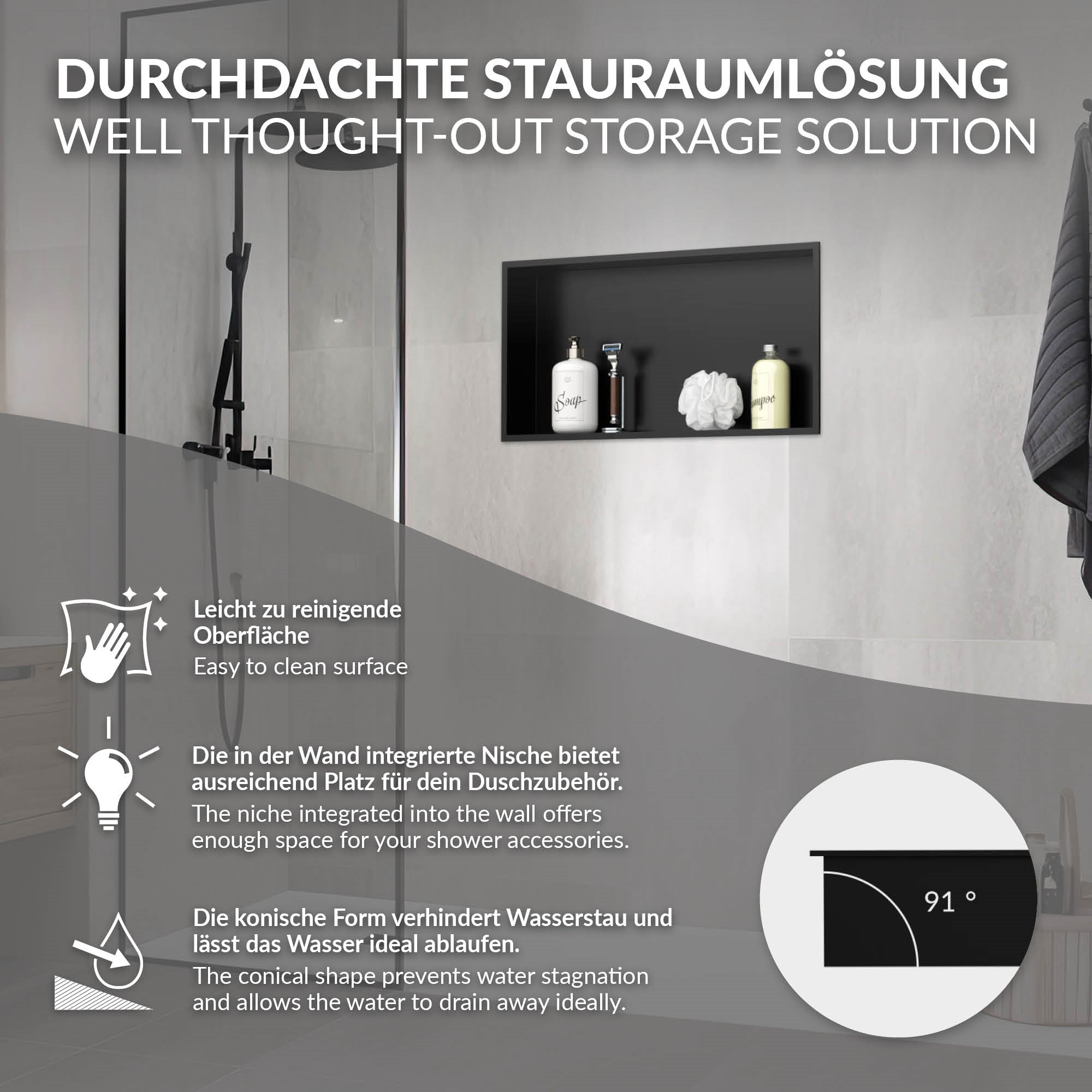 Graphic with information on the storage solution in the shower area.