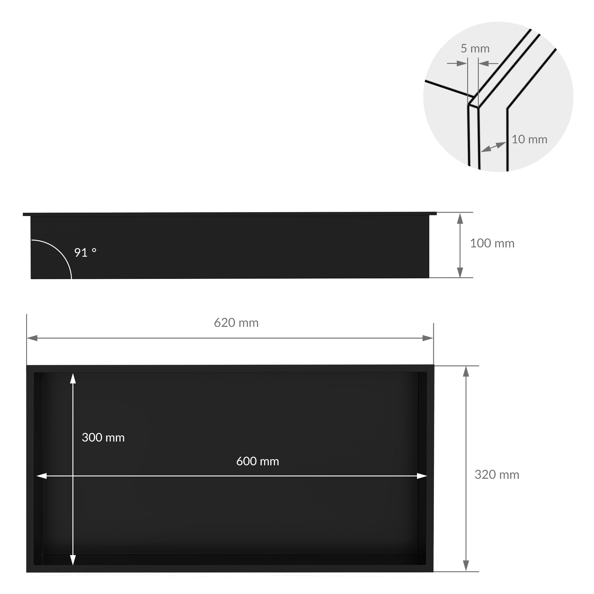 Technical drawing with dimensions of a rectangular object.
