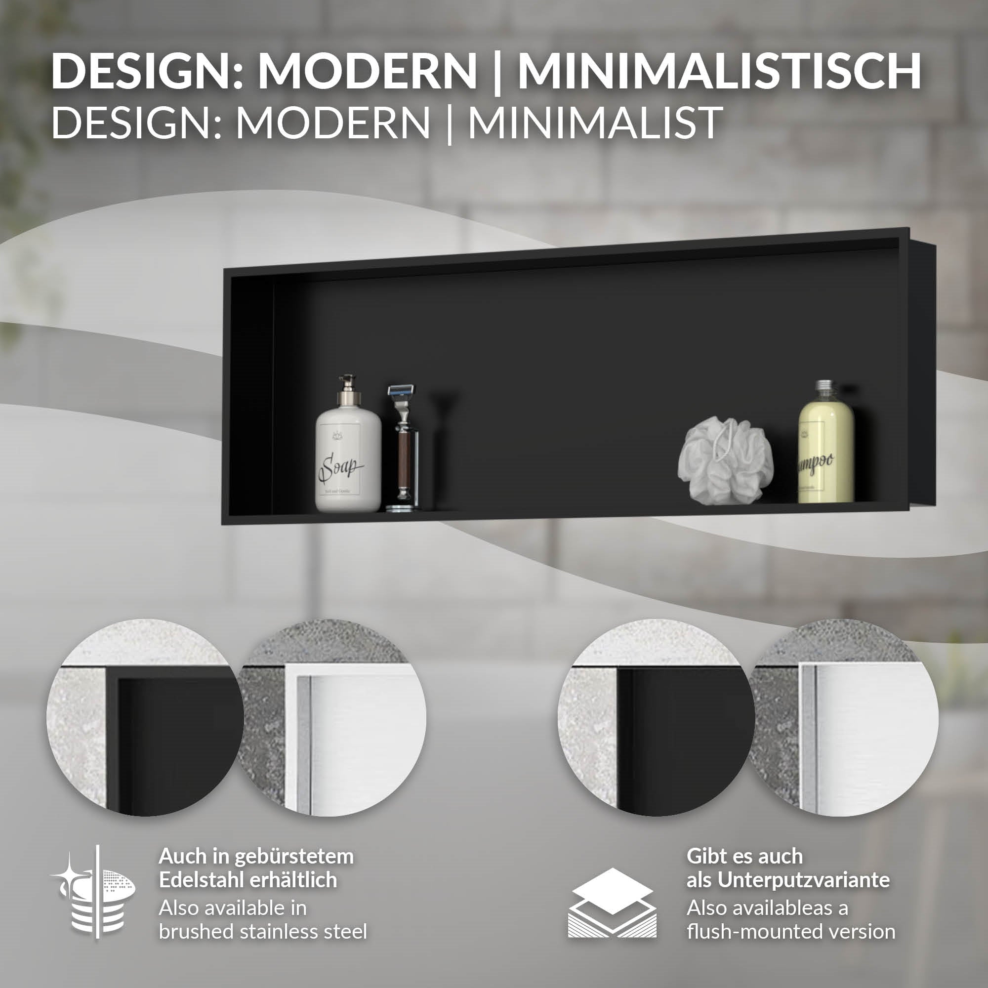 Wall shelf in black with care products and decorative elements.