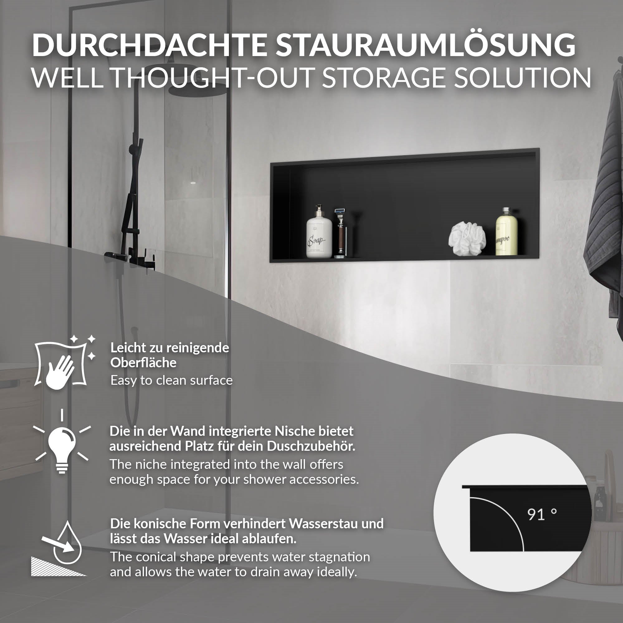 Wall niche with care products in a modern bathroom.