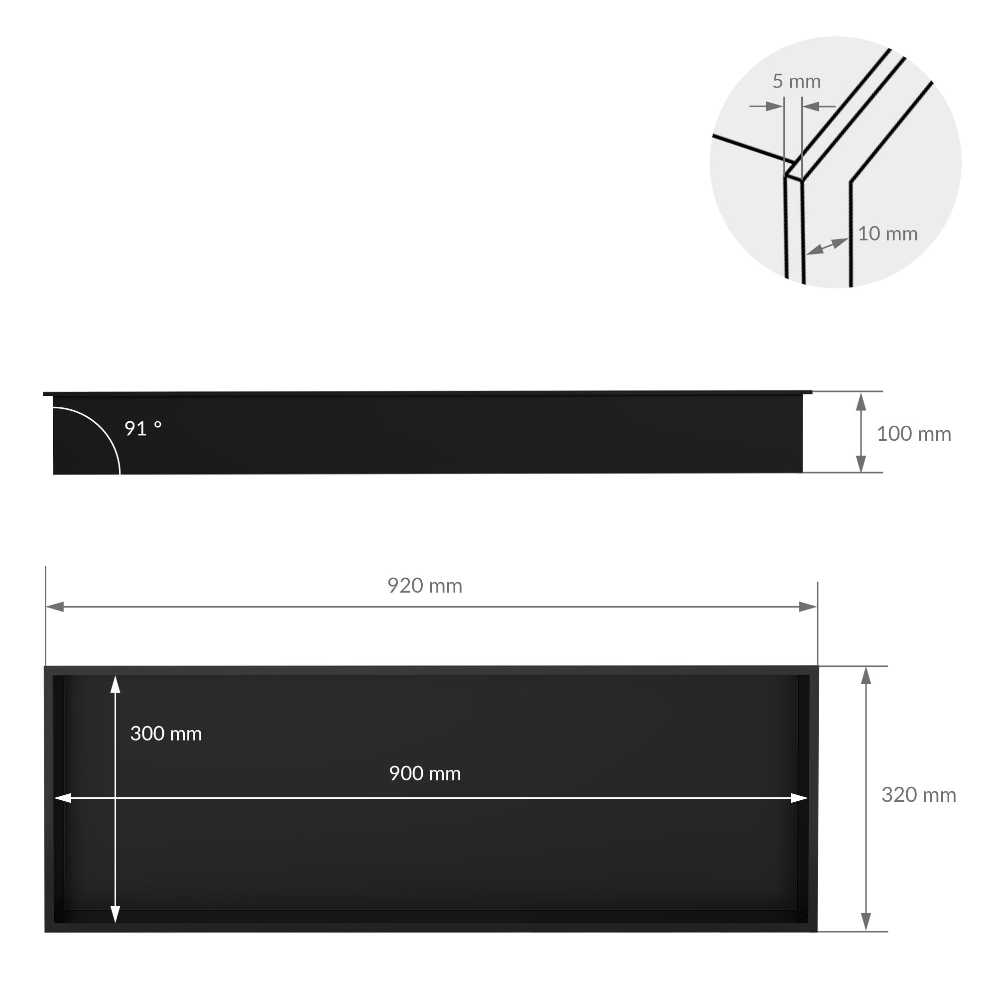 Dimension drawing for a black wall shelf with measurements.