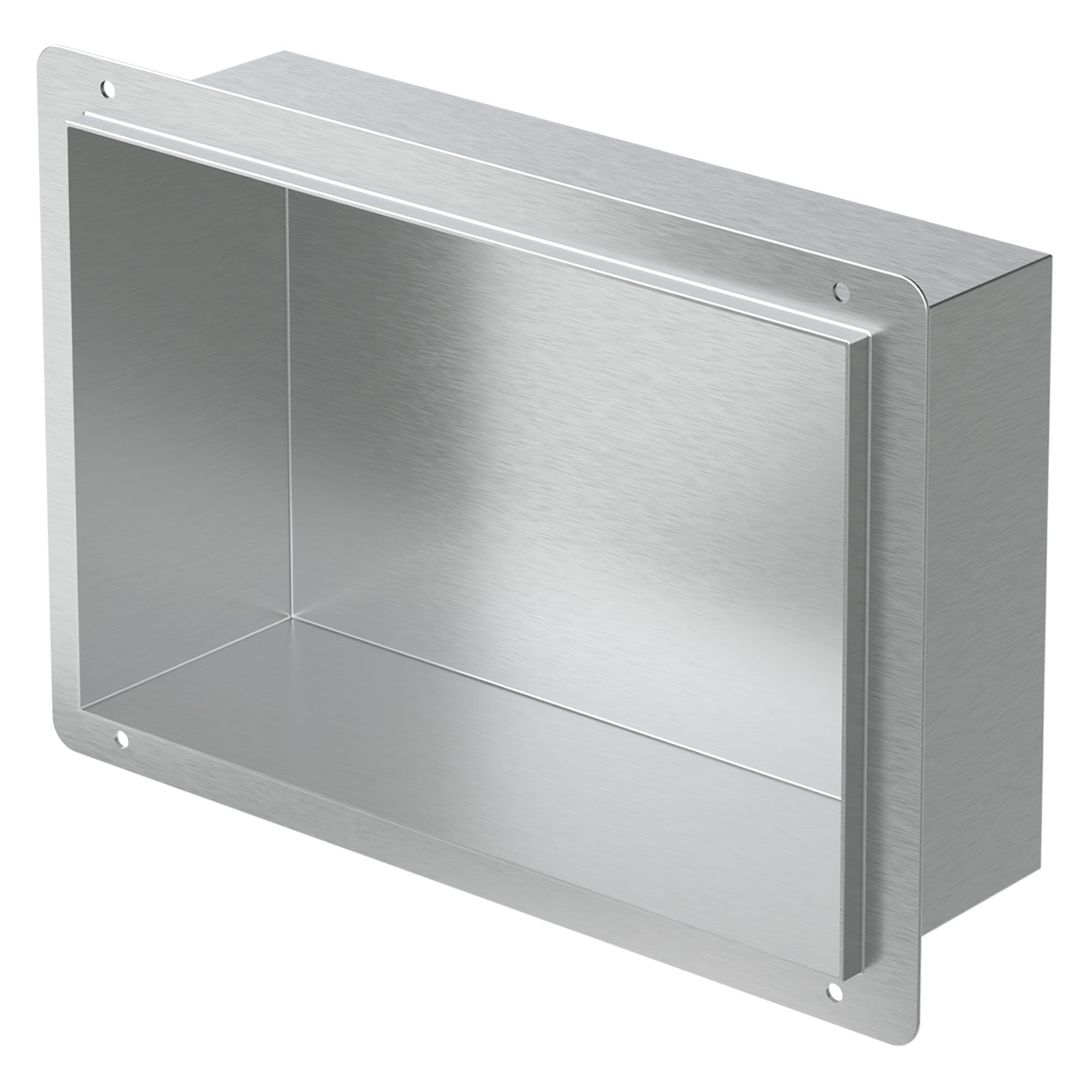 Stainless steel wall niche with rectangular opening and smooth surface.