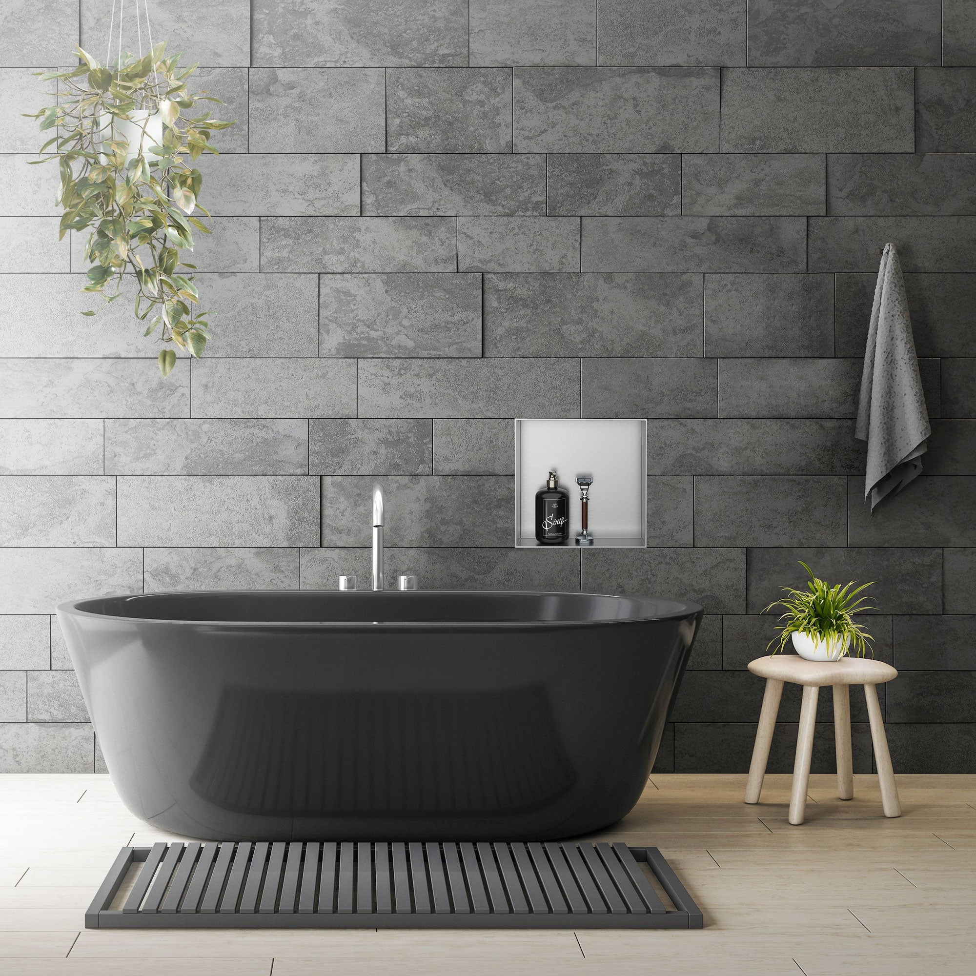 Bagno moderno con vasca da bagno freestanding e nicchia a muro.