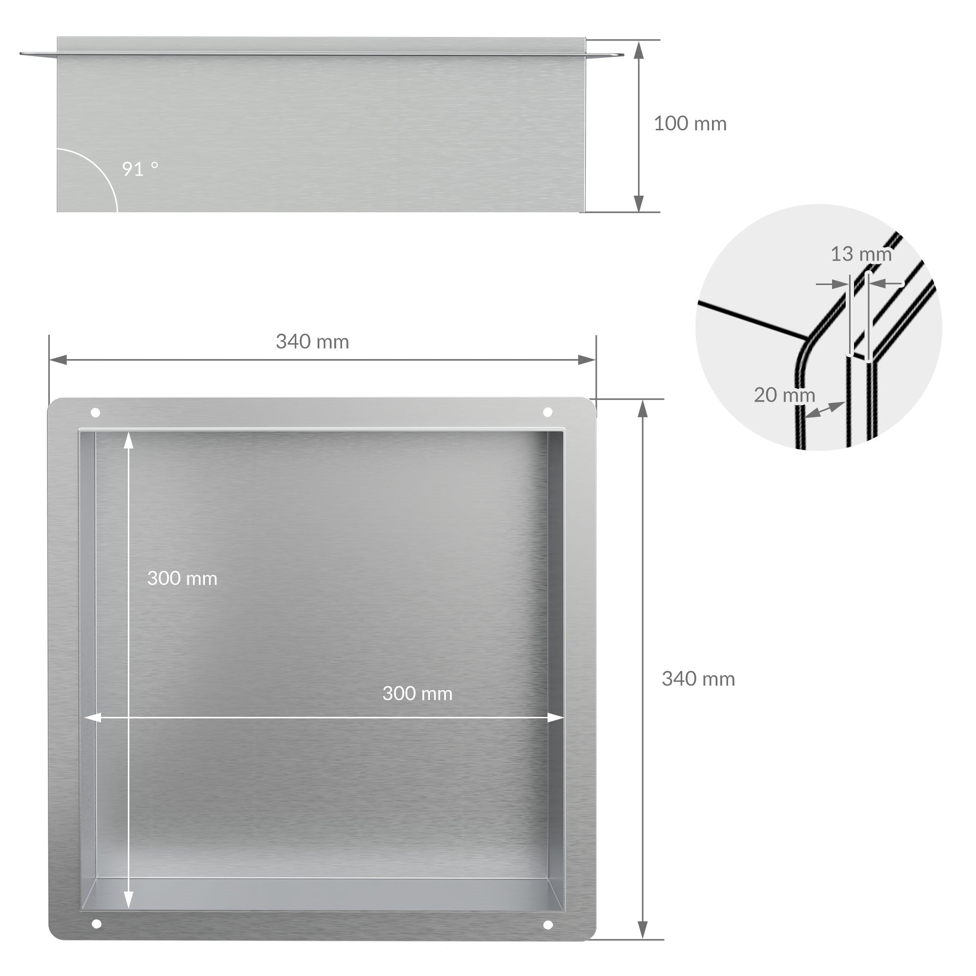 Disegno dimensionale di un contenitore quadrato in acciaio inossidabile con dimensioni.