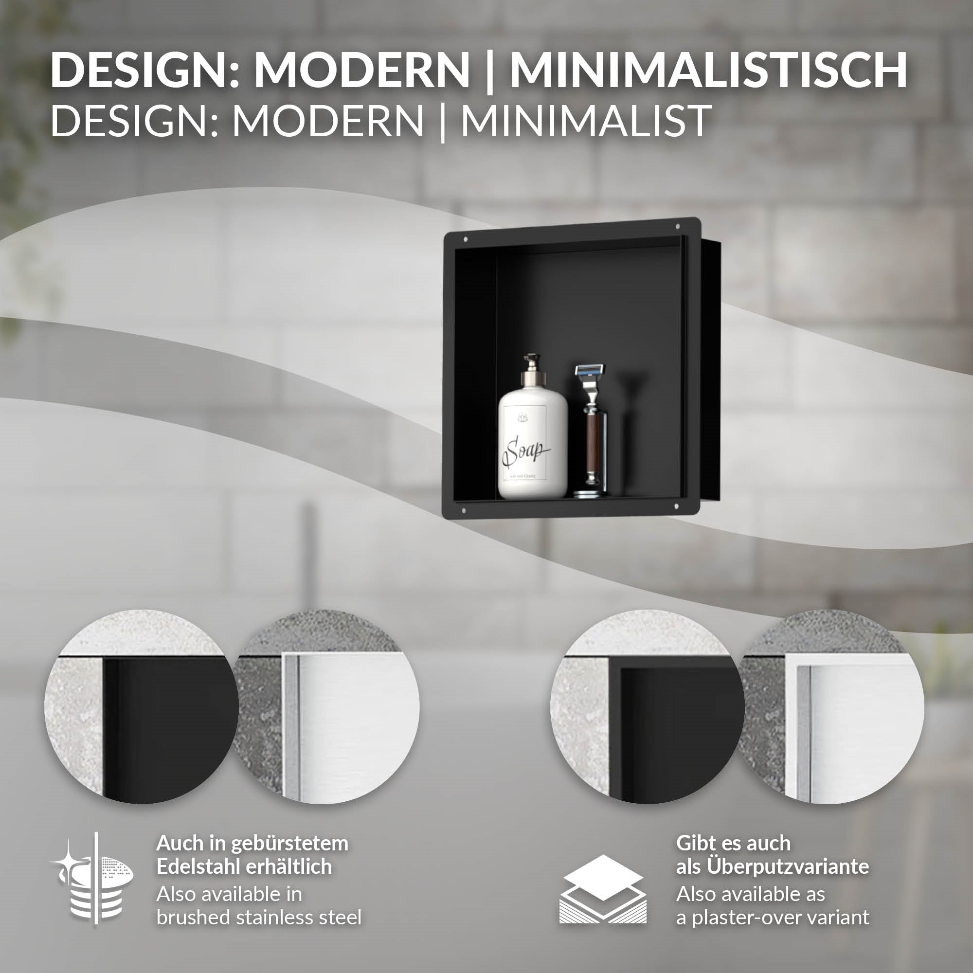 Grafik med designinformationer til et moderne badeværelseshylde.