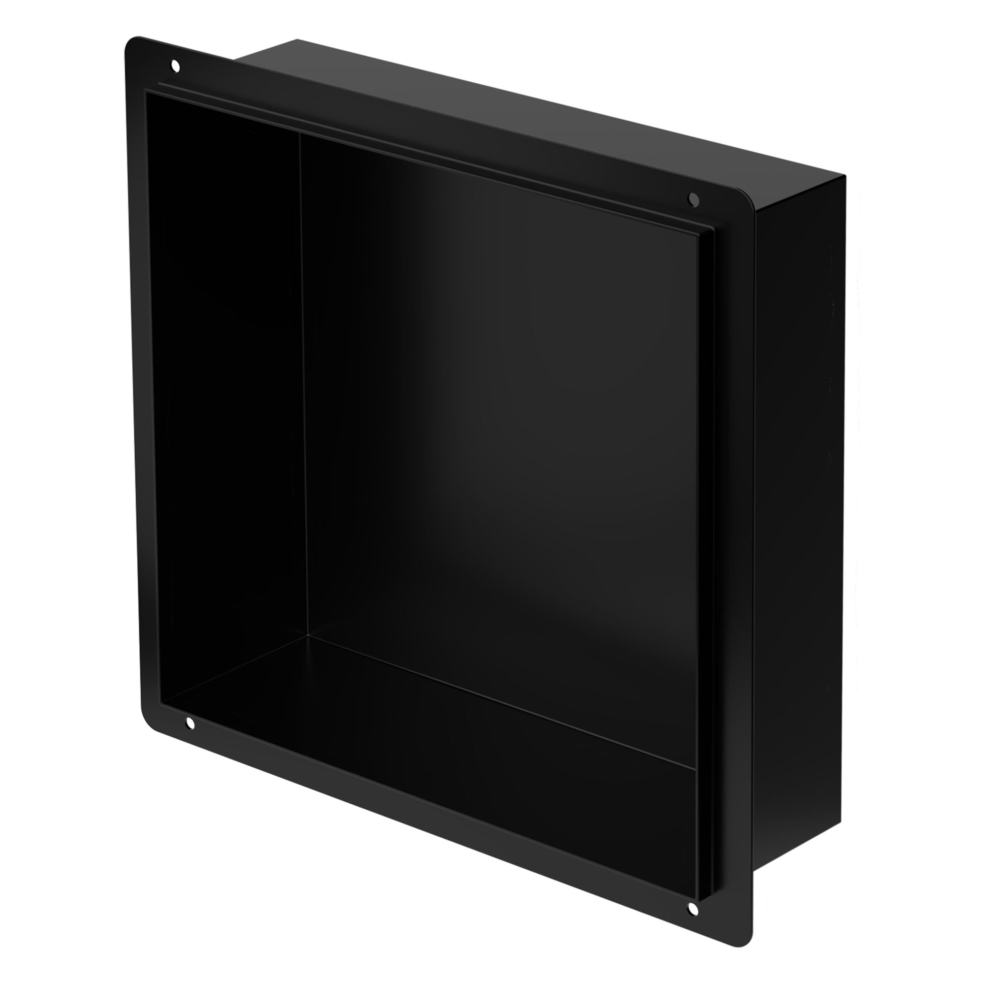 Black wall niche made of stainless steel, rectangular and empty.