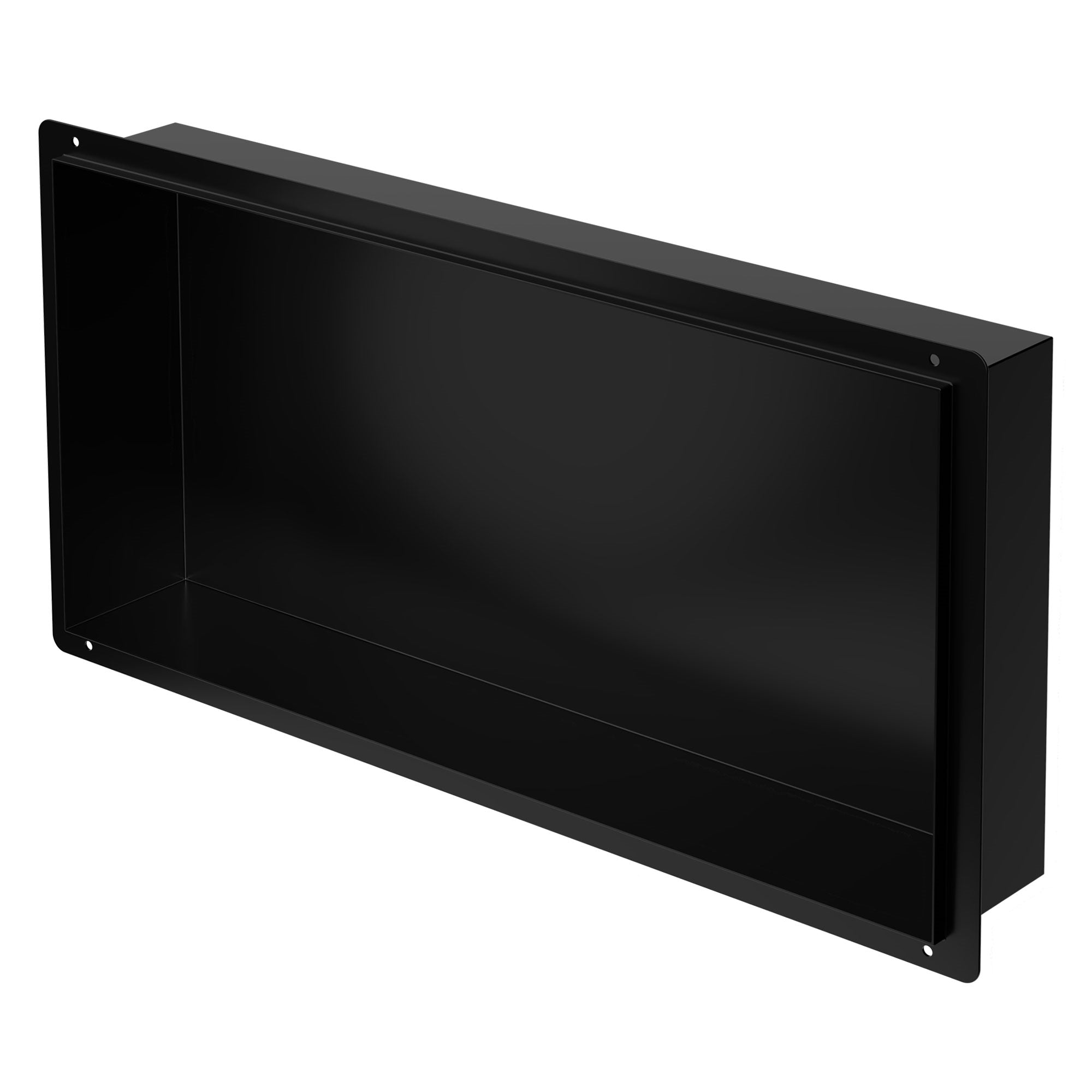 Black wall niche made of stainless steel, rectangular and empty.