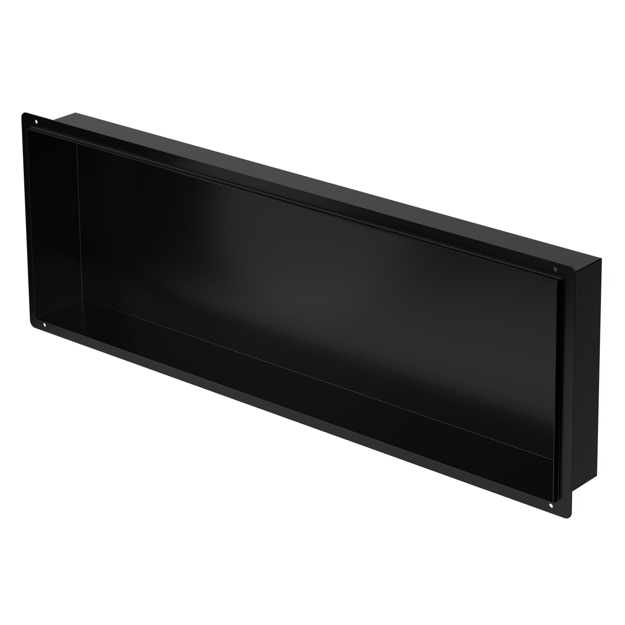 Black shelf in side view, empty.