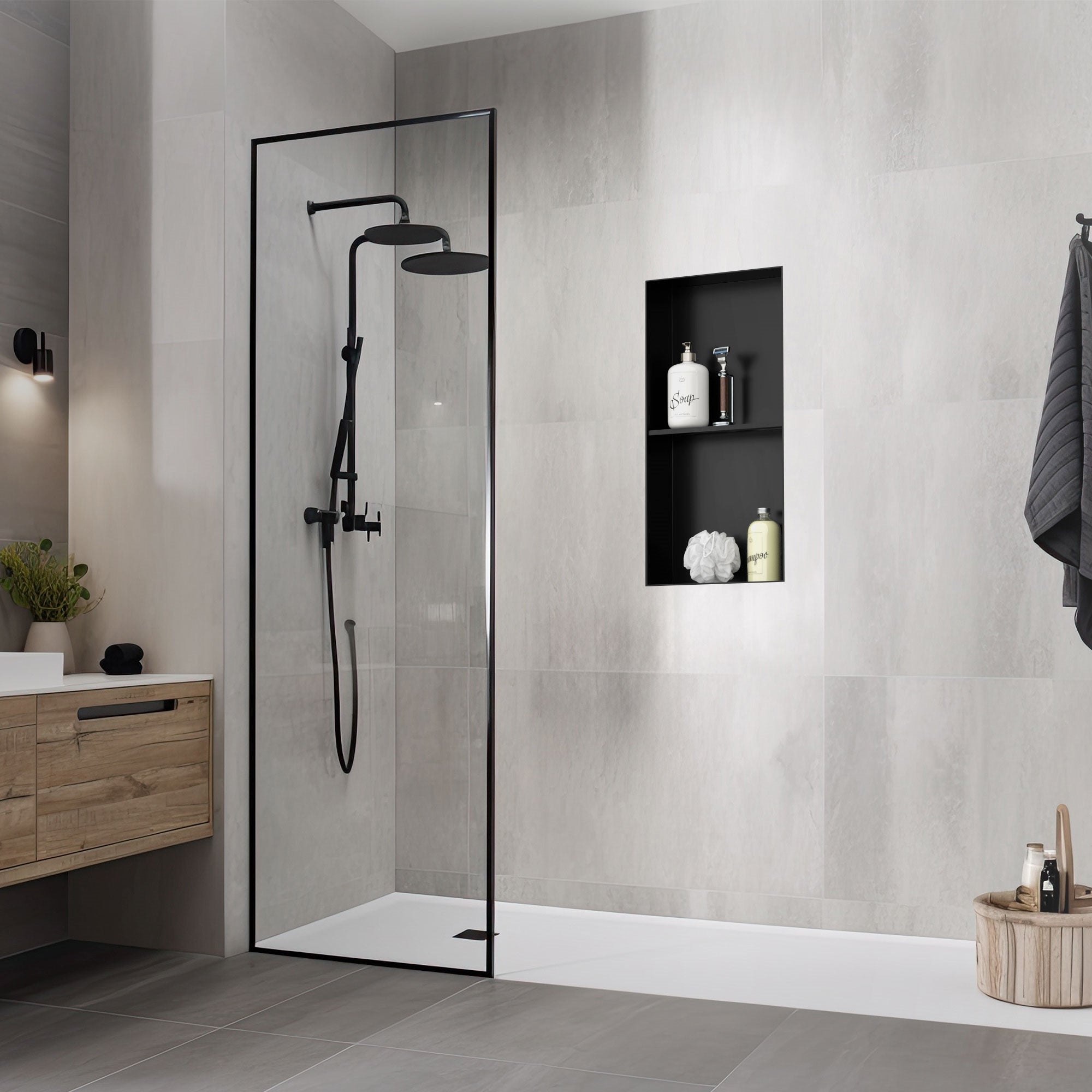 Modern shower with wall shelf and showerhead in a bathroom.